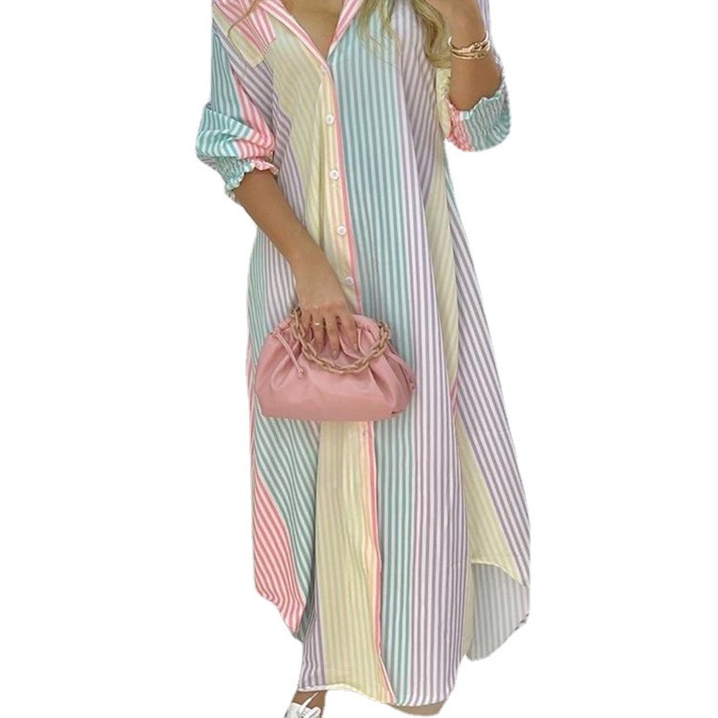 gbolsos Women's Dresses Casual Elegant Sexy V Neck Button Fashion Loose Long Dress