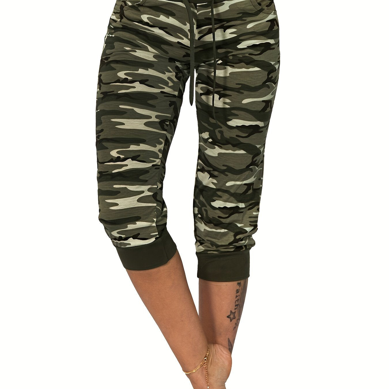 gbolsosCamo Print Drawstring Leggings, Casual Slim Summer Random Printing Leggings, Women's Clothing