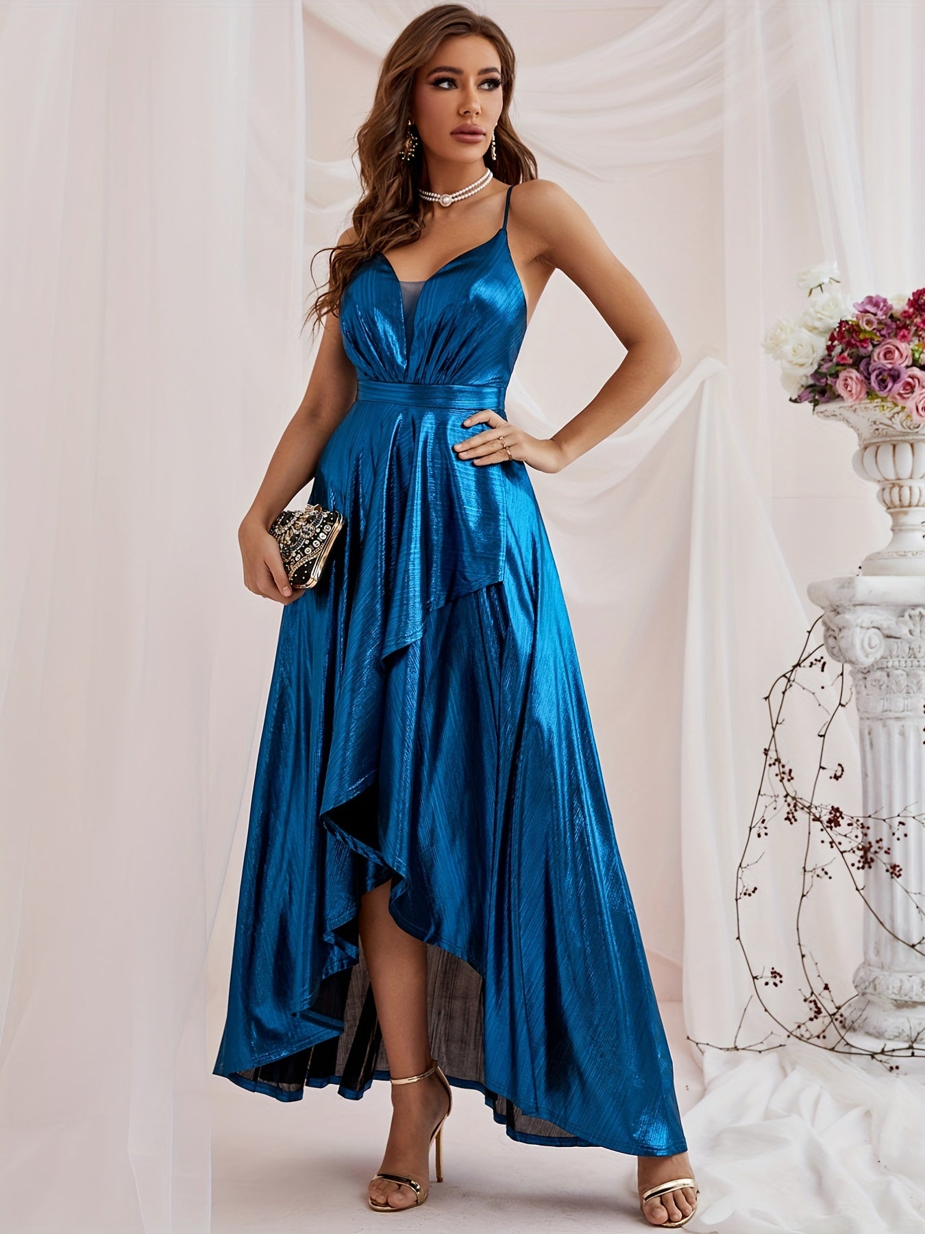 gbolsos Ruffle Hem Cami Bridesmaid Dress, Elegant Backless Dress For Wedding Party, Women's Clothing