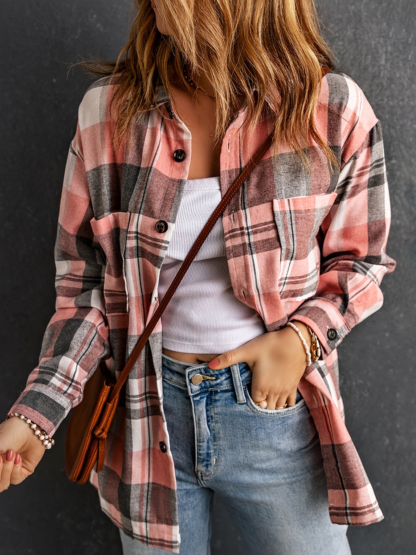 gbolsos Plaid Pattern Button Front Shirt, Vintage Long Sleeve Lapel Shirt, Women's Clothing