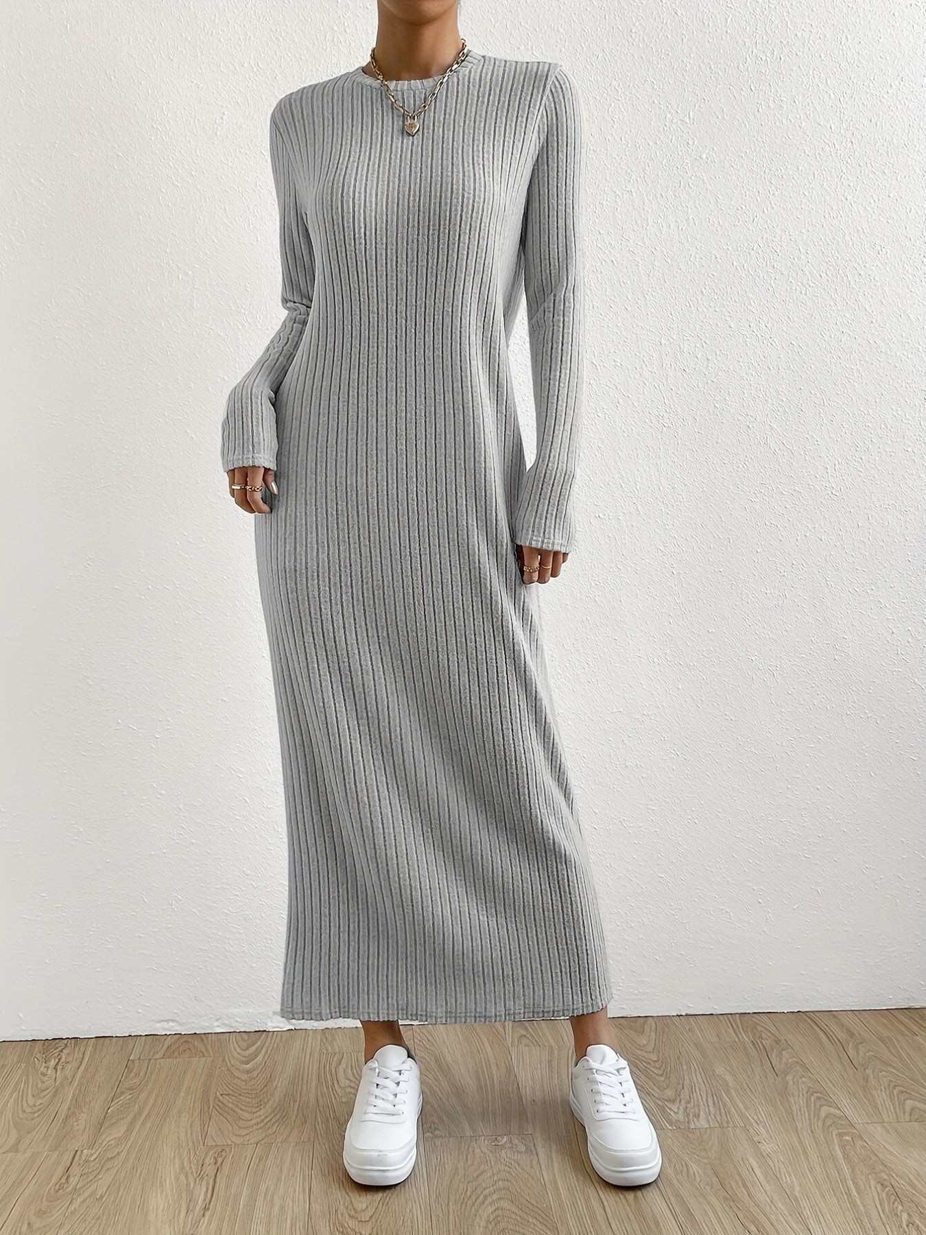 gbolsos Solid Ribbed Dress, Elegant Crew Neck Long Sleeve Maxi Dress, Women's Clothing