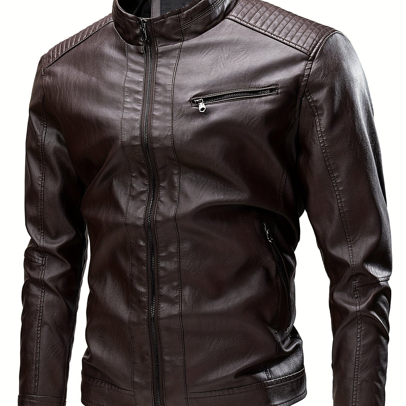 gbolsos Vintage PU Leather Jacket, Men's Casual Zip Up Stand Collar Faux Leather Jacket For Spring Fall Outdoor
