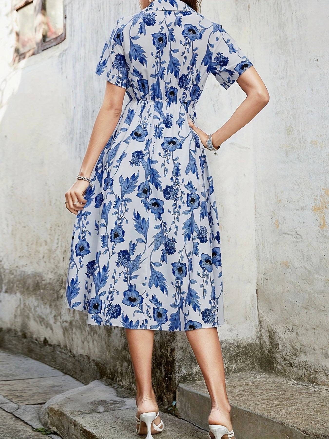 Floral Print High Waist Dress, Elegant Short Short Sleeve Midi Dress, Women's Clothing