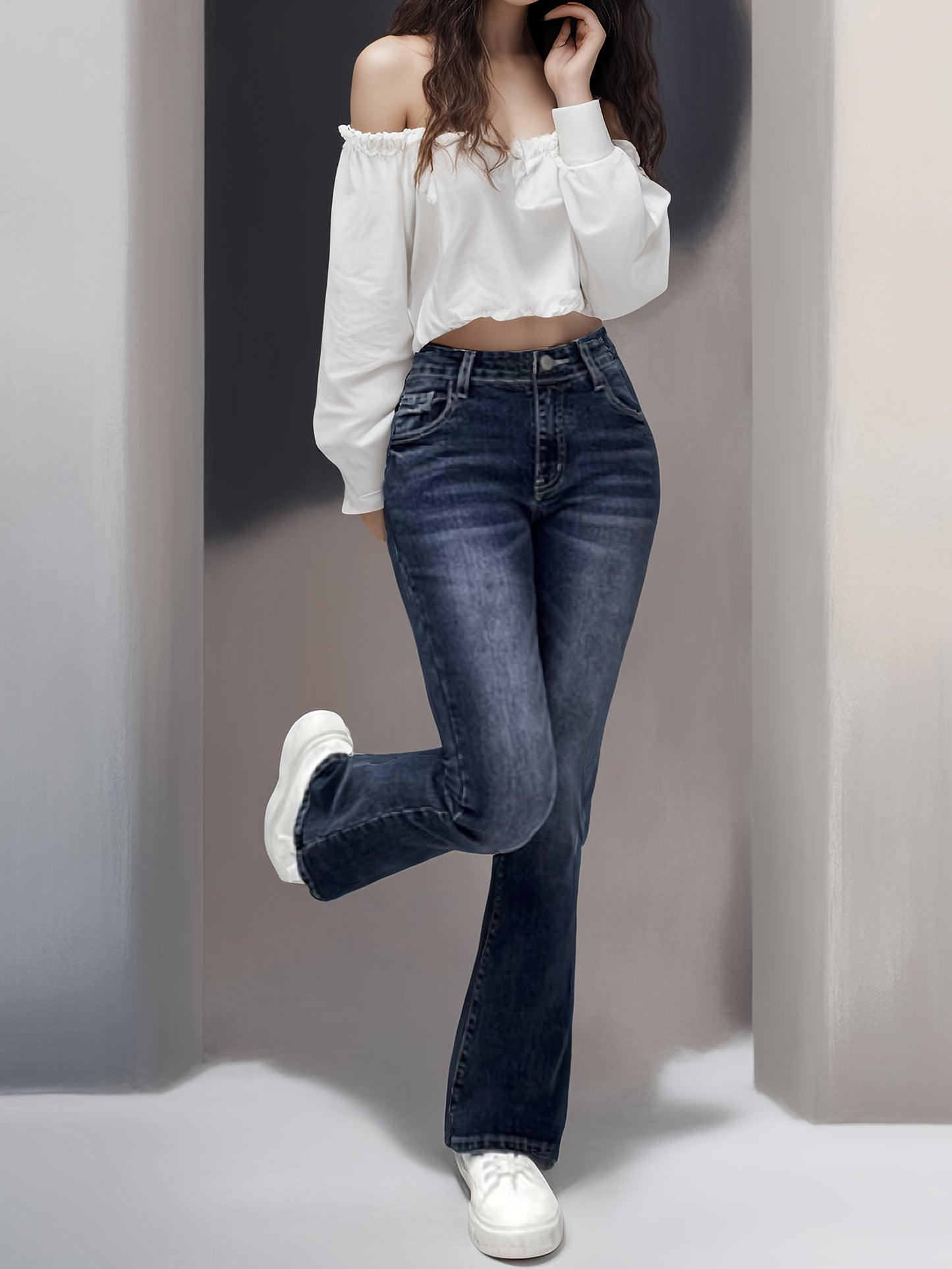 Fleece Liner Washed Bootcut Jeans, Slant Pockets High Stretch Denim Pants, Women's Denim Jeans & Clothing