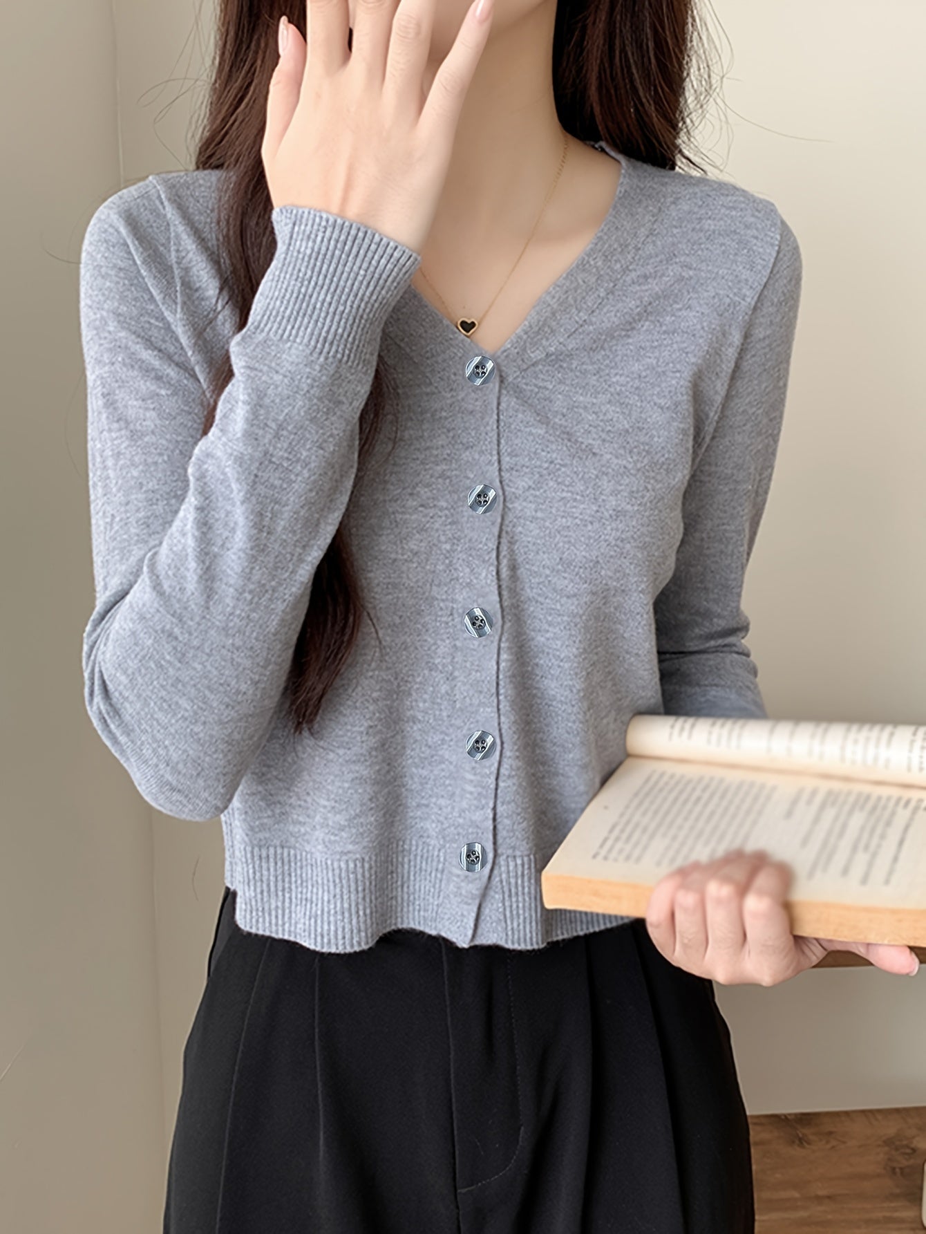 Solid Button Front Cardigan, Casual Long Sleeve Simple Outwear, Women's Clothing
