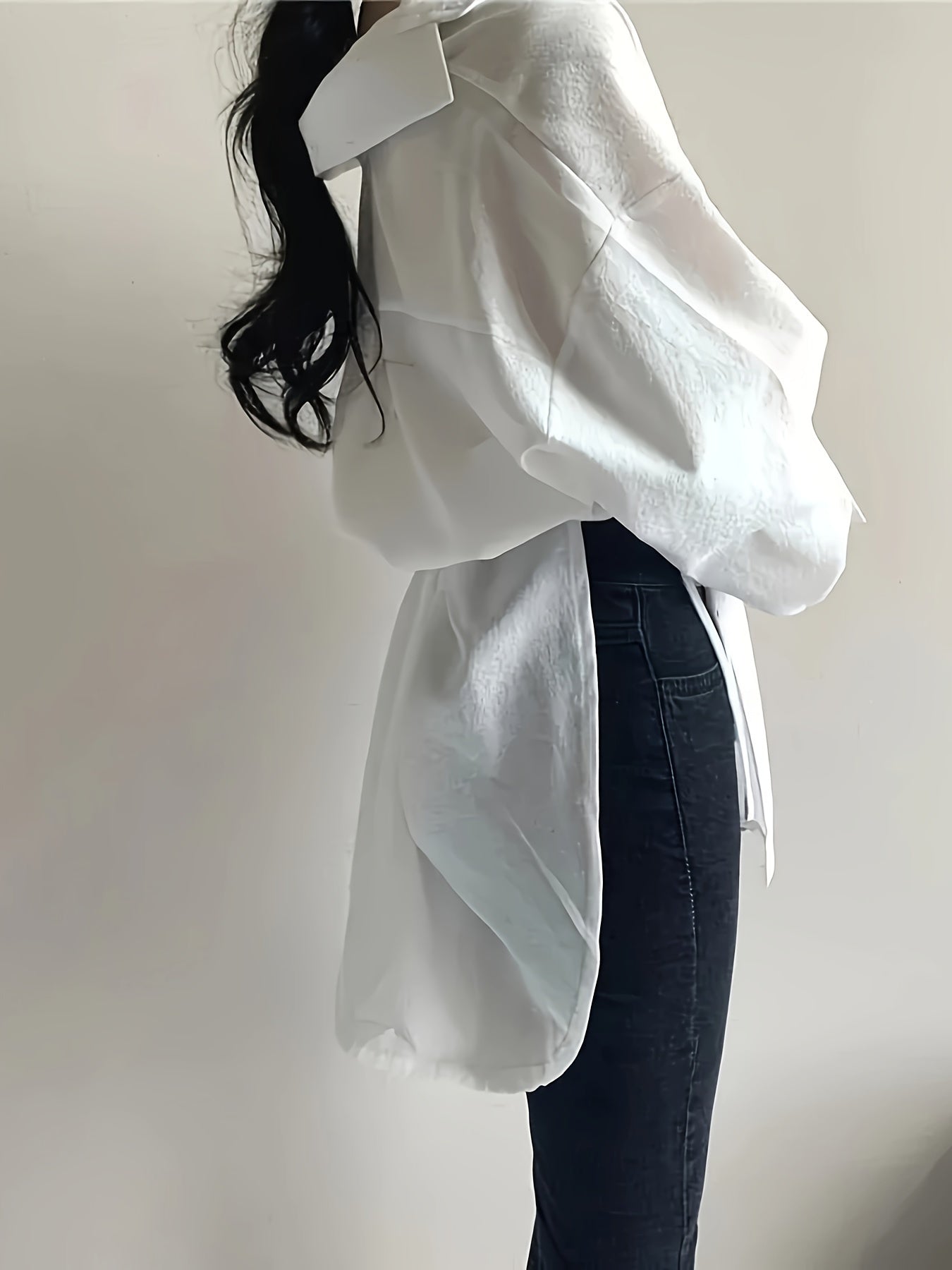 gbolsos Solid Tie Waist Asymmetrical Hem Blouse, Versatile Long Sleeve Button Front Blouse, Women's Clothing