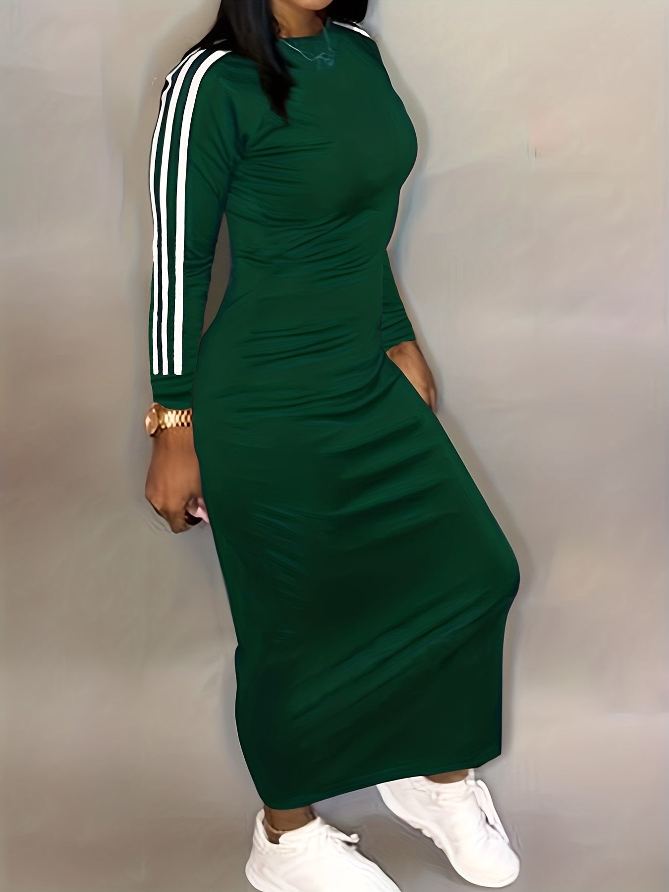 gbolsos Striped Print Bodycon Dress, Casual Long Sleeve Maxi Dress, Women's Clothing
