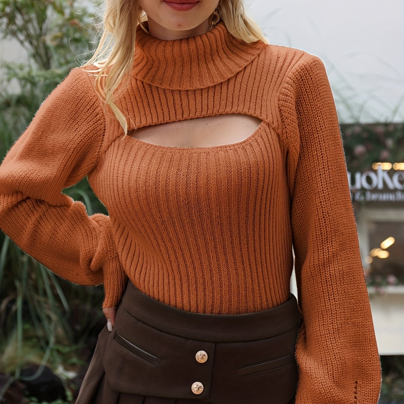 gbolsos Sexy High Neck Sweater, Long Sleeve Sexy Cut Out Casual Sweater For Spring & Fall, Women's Clothing