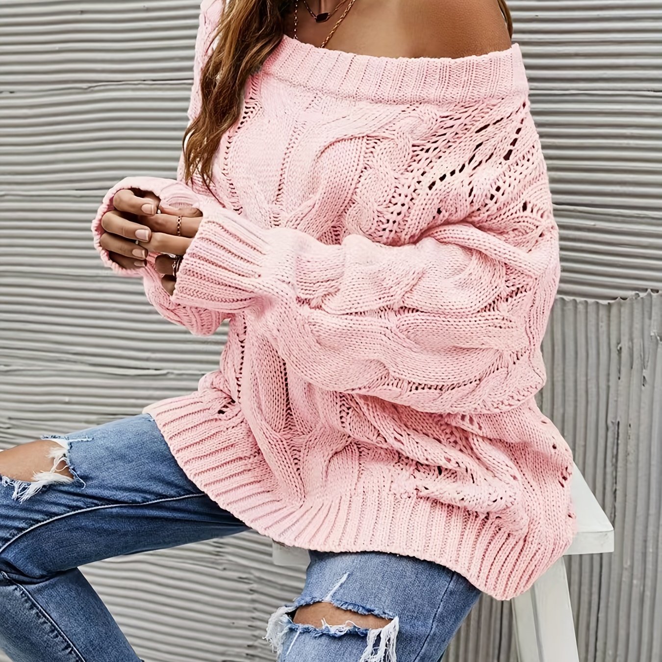 gbolsos Off Shoulder Cable Knit Sweater, Casual Long Sleeve Sweater For Fall & Winter, Women's Clothing