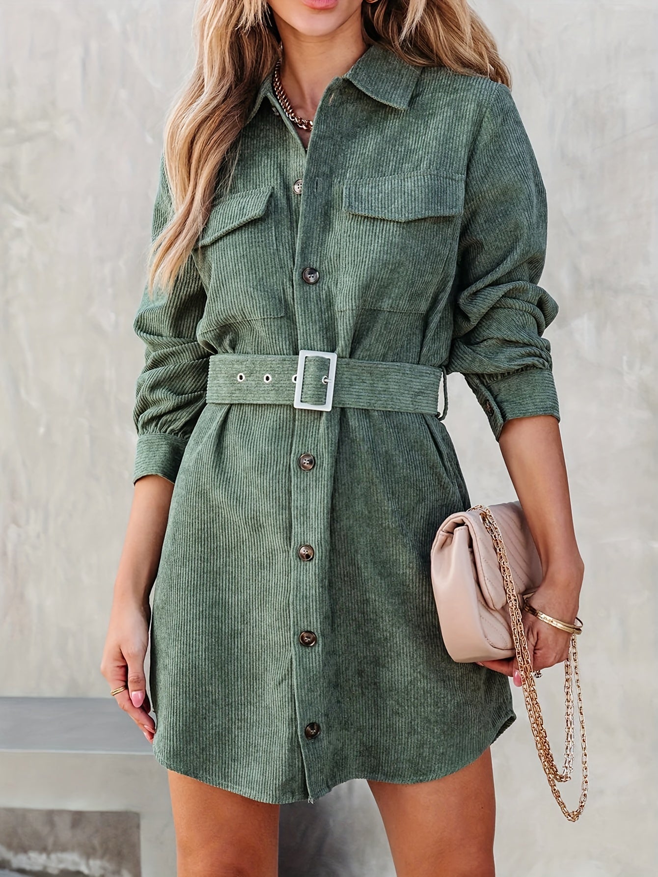 gbolsos Button Front Mini Dress, Casual Long Sleeve Versatile Dress, Women's Clothing