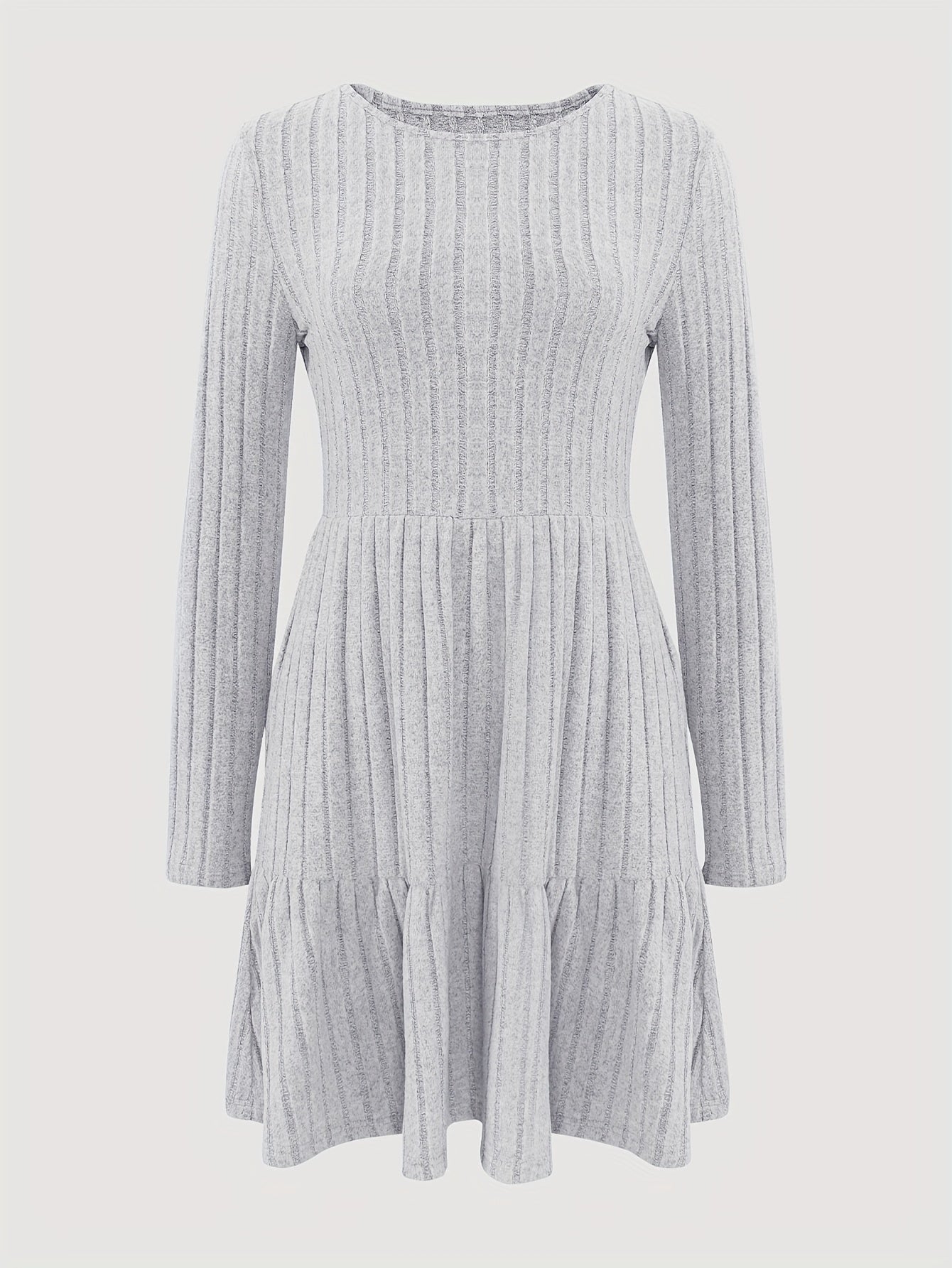 Ribbed Ruffle Hem Solid Dress, Elegant Crew Neck Long Sleeve Dress, Women's Clothing