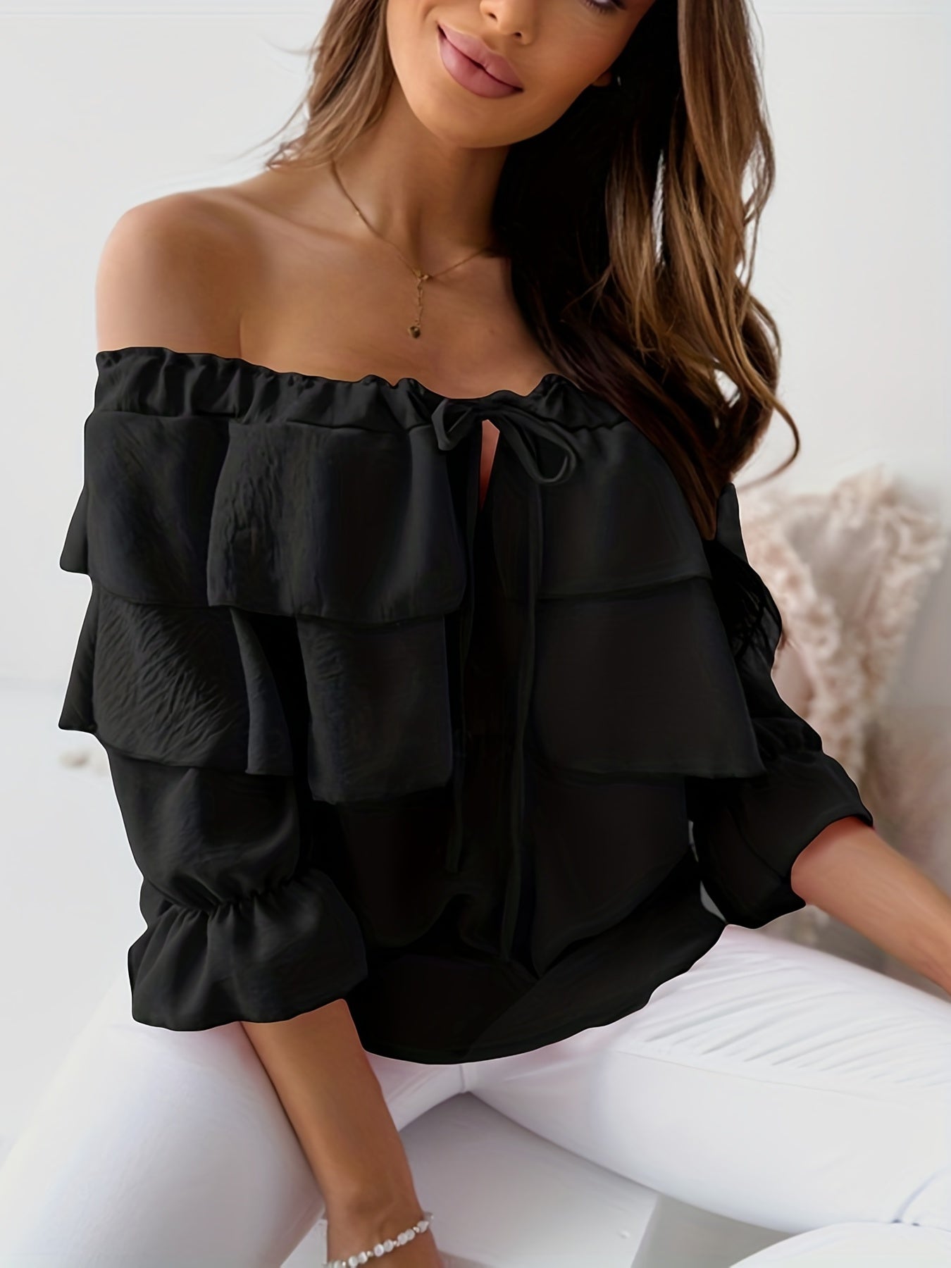 gbolsos Ruffle Trim Layered Blouse, Sexy Off Shoulder Solid Blouse, Women's Clothing