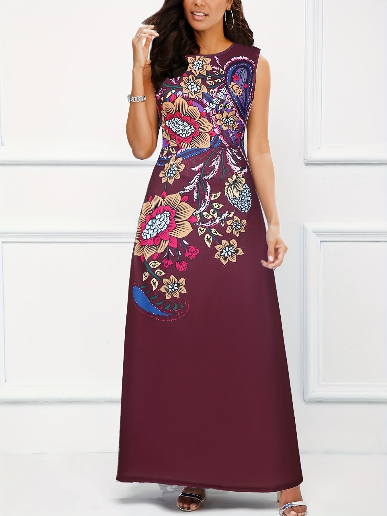 gbolsos Floral Print A-line Long Dress, Elegant Crew Neck Sleeveless Waist Summer Swing Dresses, Women's Clothing