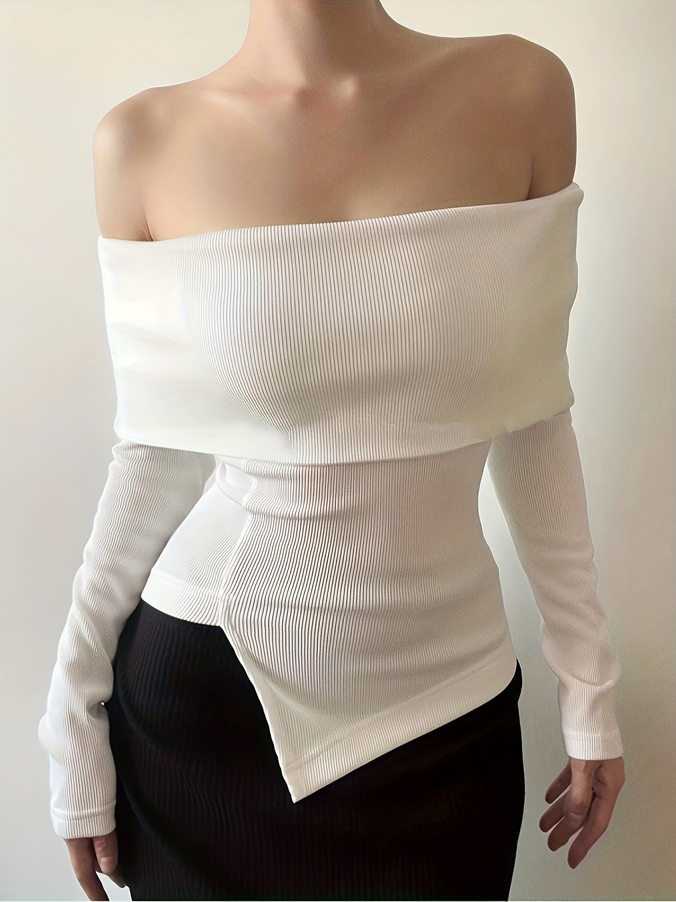 gbolsos Solid Ribbed Off Shoulder T-Shirt, Casual Long Sleeve Top For Spring & Fall, Women's Clothing