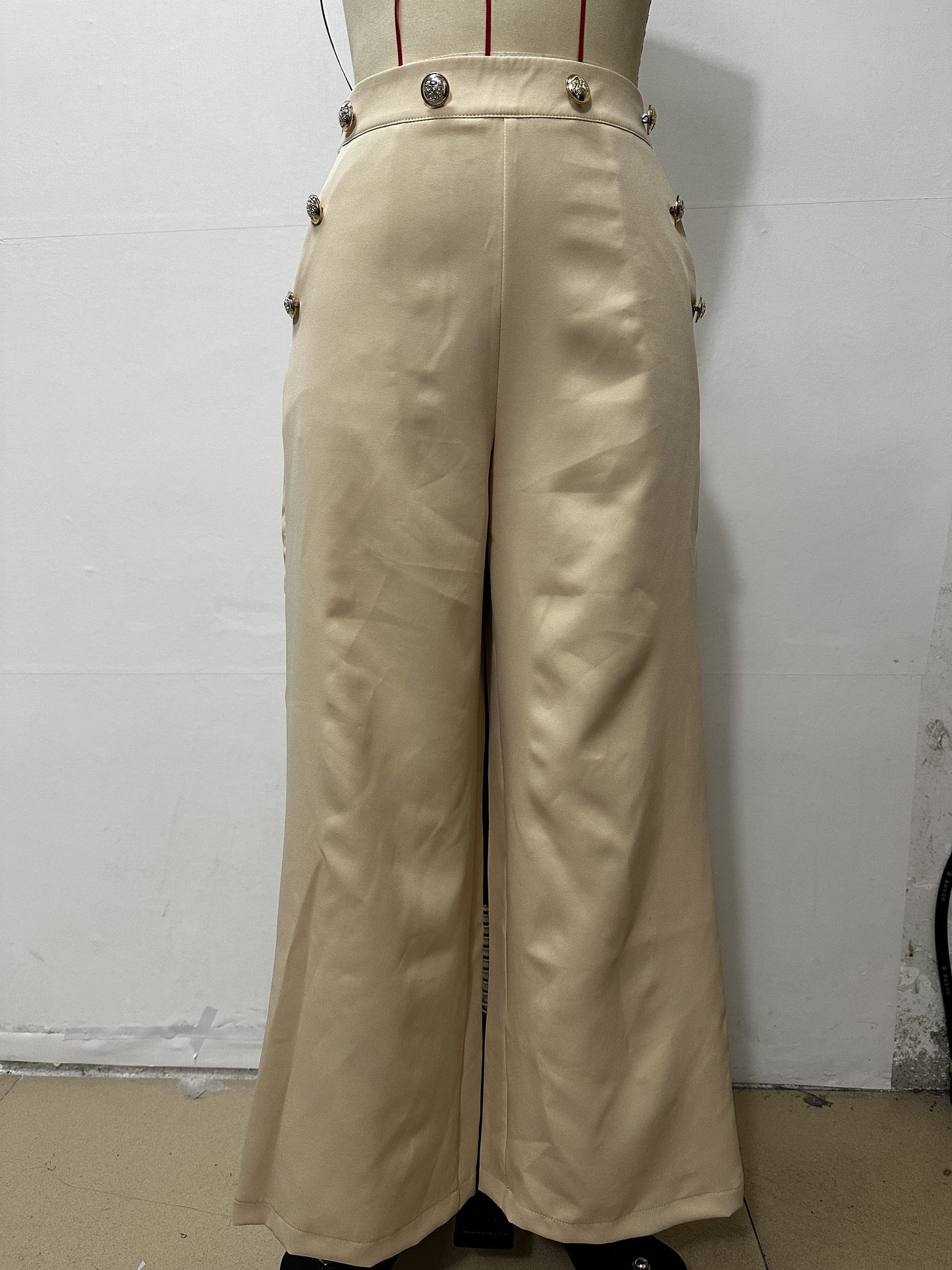 gbolsos Button Decor Waist Wide Leg Pants, Casual Loose Pants For Spring & Fall, Women's Clothing