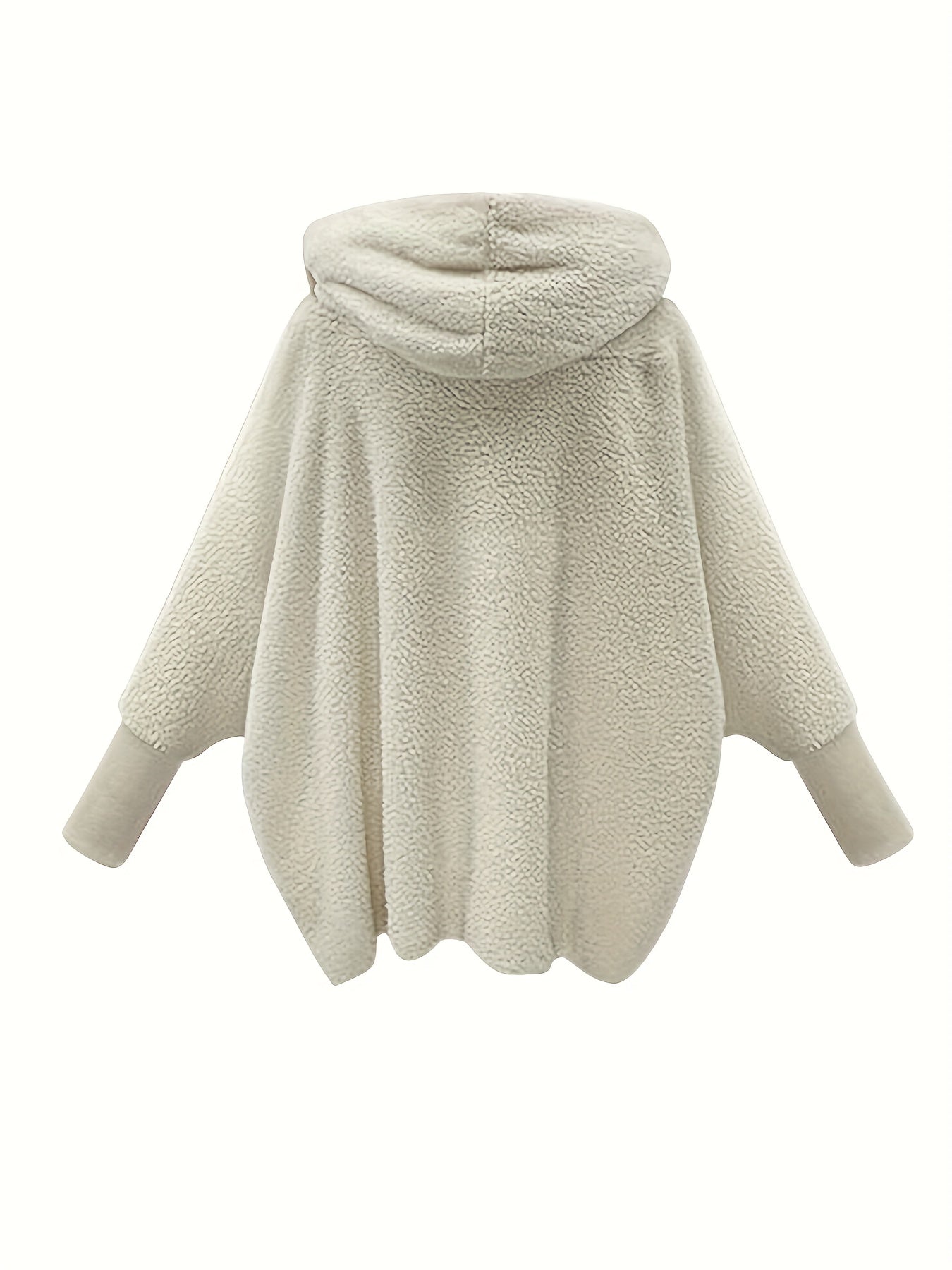 Plus Size Casual Winter Coat, Women's Plus Solid Teddy Fleece Batwing Sleeve Open Front Hooded Loose Fit Coat