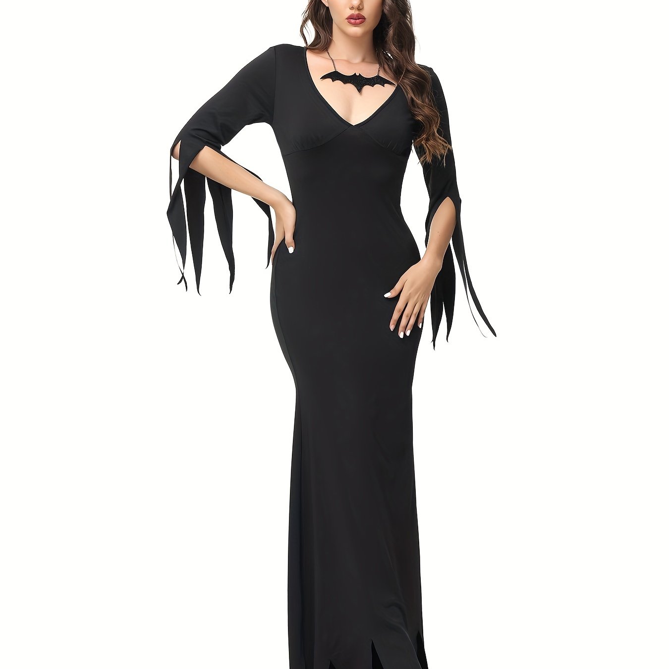 Halloween Style V-neck Split Dress, Elegant Bodycon Slim Maxi Length Dress, Halloween Witch Costume, Women's Clothing