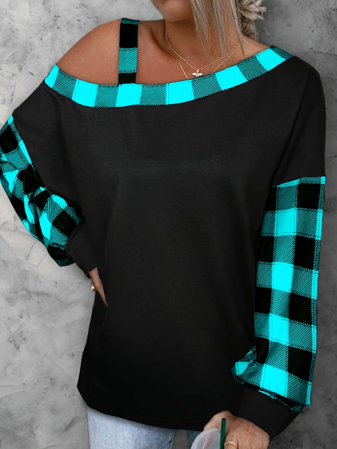 Plus Size Casual Top, Women's Plus Colorblock Gingham Print One Shoulder Long Sleeve Top
