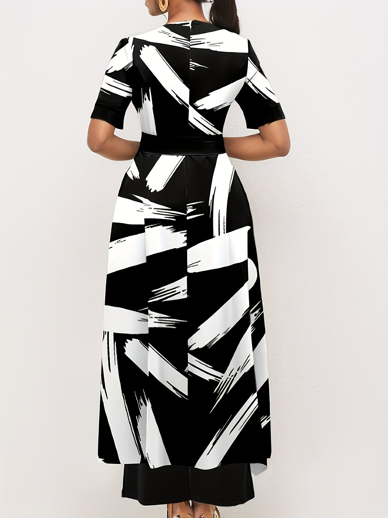 gbolsos Brush Print Wide Leg Jumpsuit, Casual Crew Neck Short Sleeve Jumpsuit With Overskirts, Women's Clothing