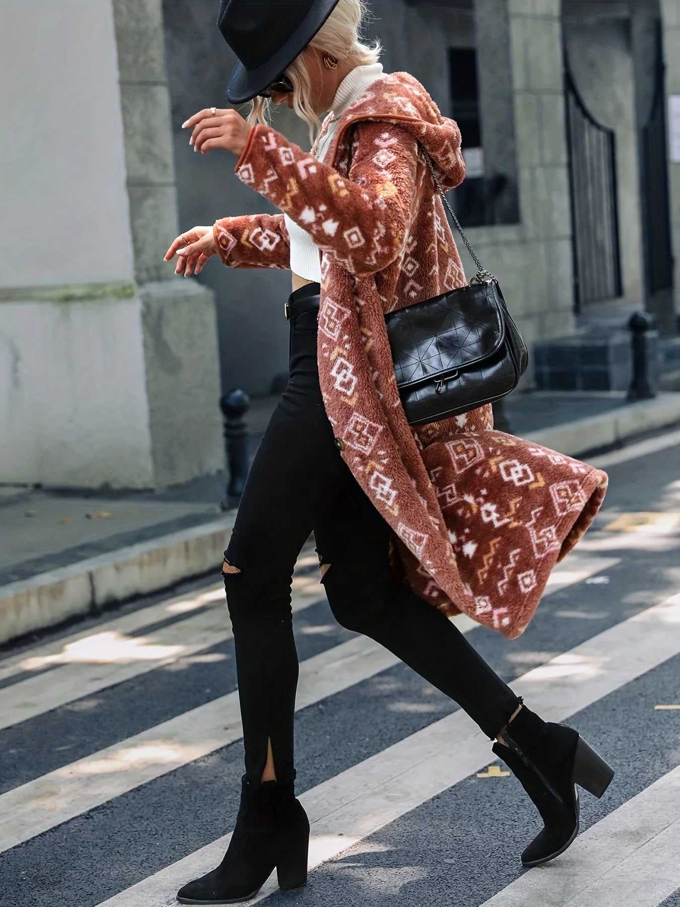 solvbao Plus Size Elegant Trench Coat, Women's Plus Argyle Print Teddy Fleece Long Sleeve Hoodie Slight Stretch Longline Trench Coat