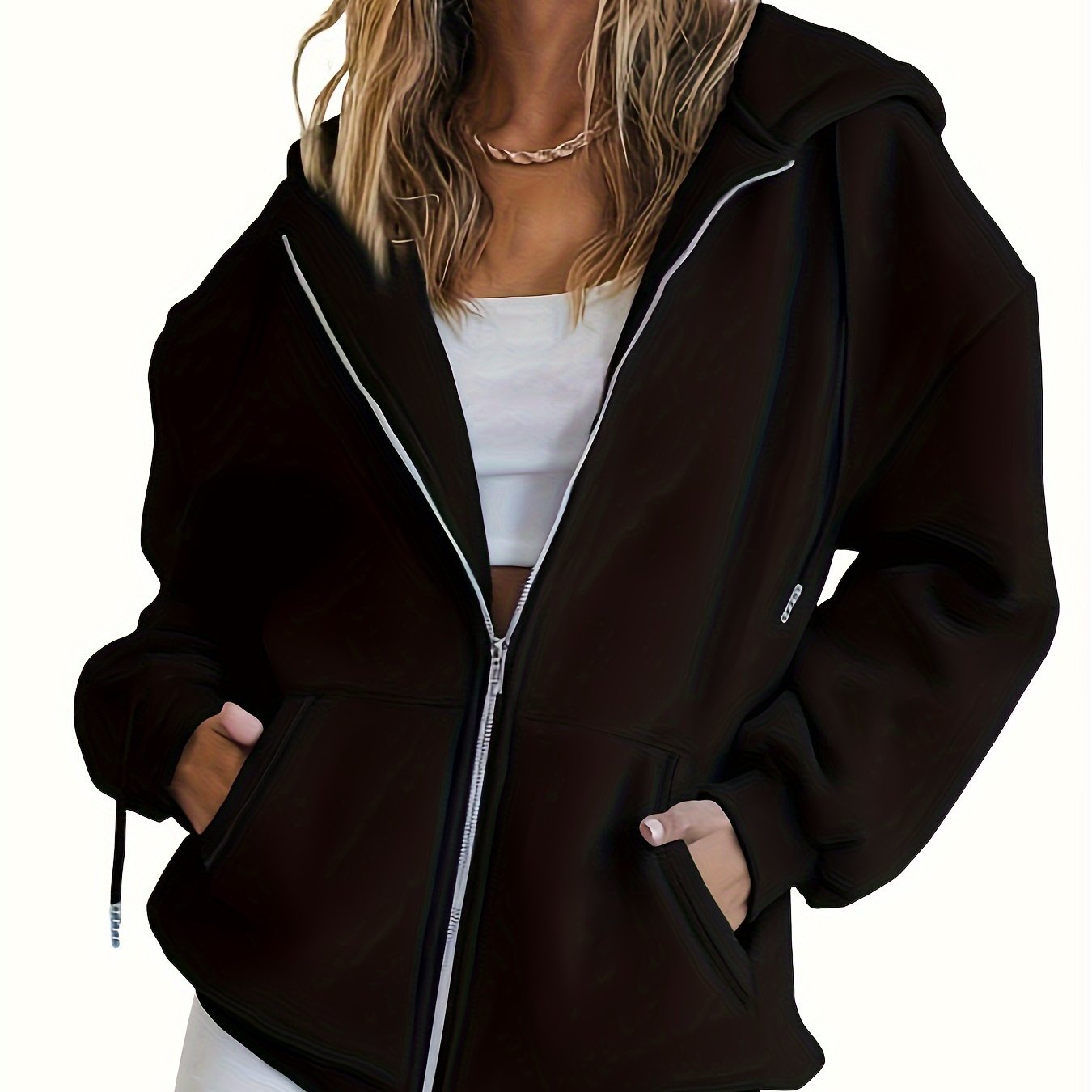 Solid Zip Up Pocket Hoodie, Casual Long Sleeve Drawstring Hoodies Sweatshirt, Women's Clothing