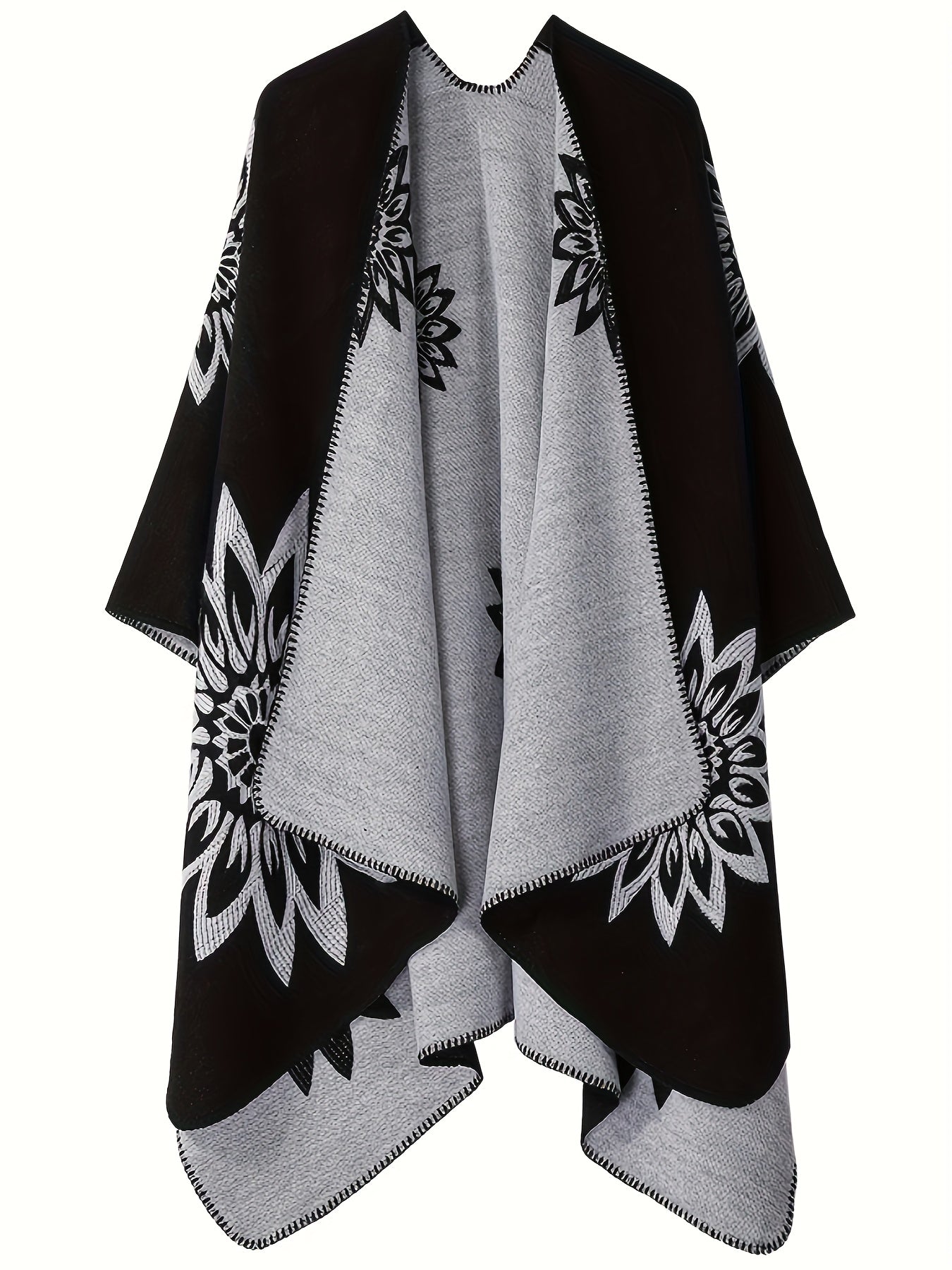 Plus Size Elegant Coat, Women's Plus Mandala Print Double-sided Open Front Waterfall Collar Batwing Sleeve Shawl Cape Coat