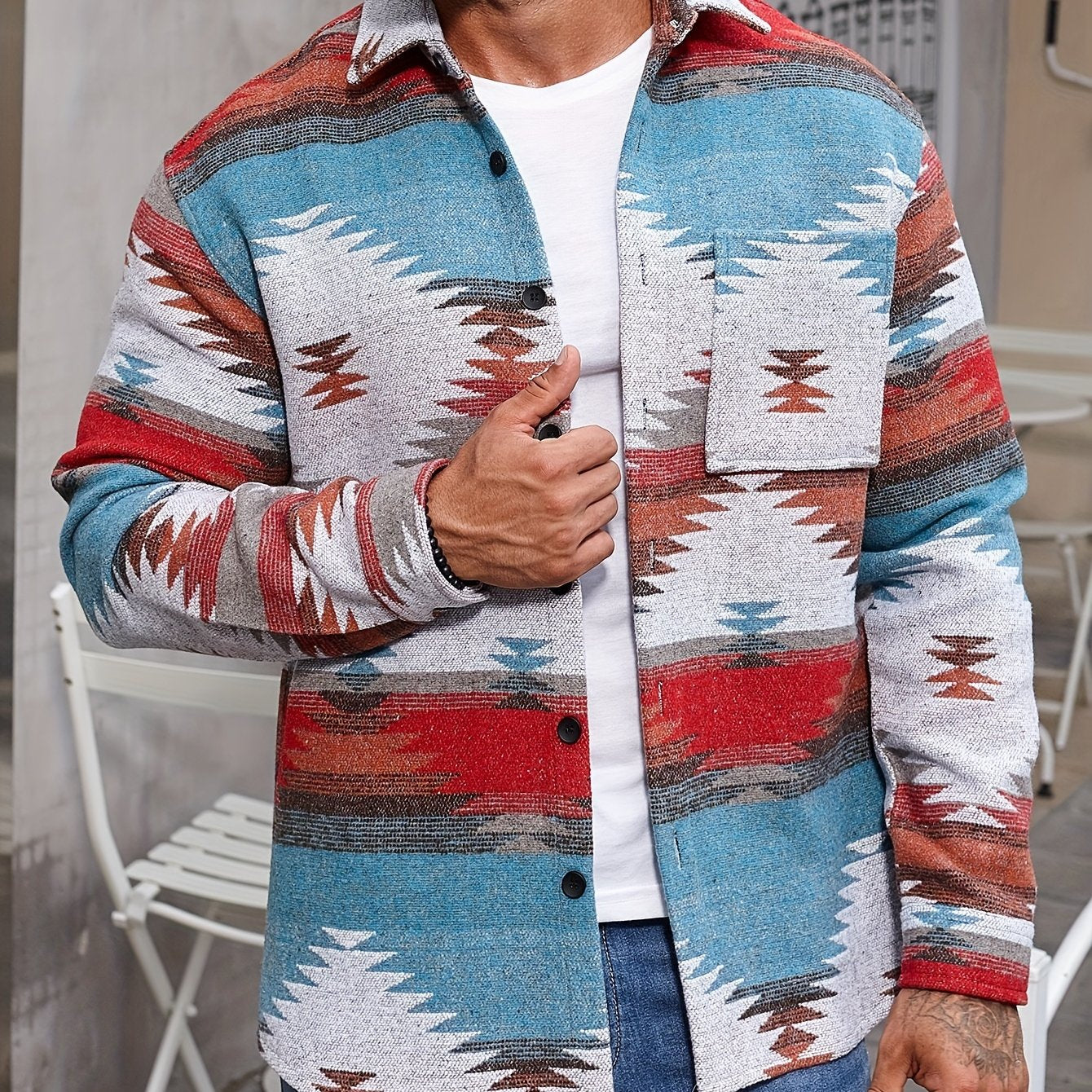 gbolsos Various Pattern Men's Casual Long Sleeve Lapel Shirt, Men's Thick Outwear For Fall Winter