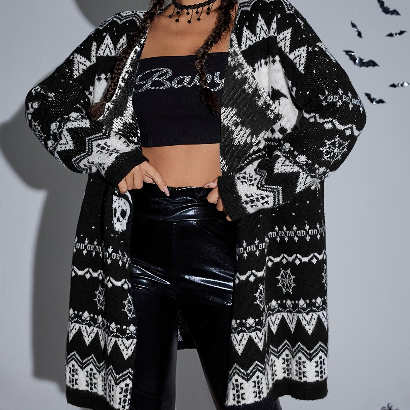 gbolsos Plus Size Halloween Retro Cardigan, Women's Plus Skull & Bat Patterned Long Sleeve Open Front Sweater Cardigan