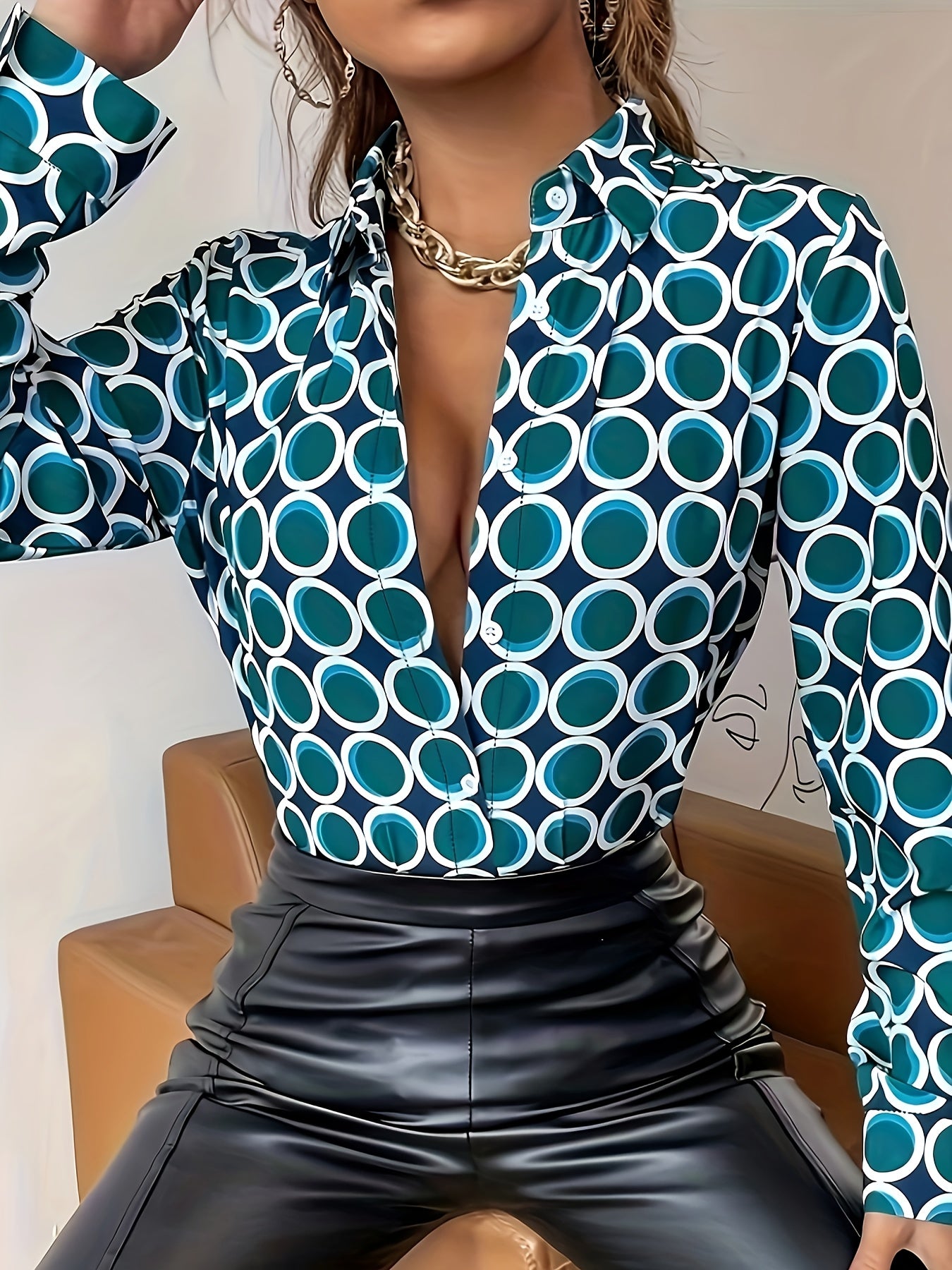 gbolsos Polka Dot Button Front Shirt, Elegant Long Sleeve Shirt For Spring & Fall, Women's Clothing