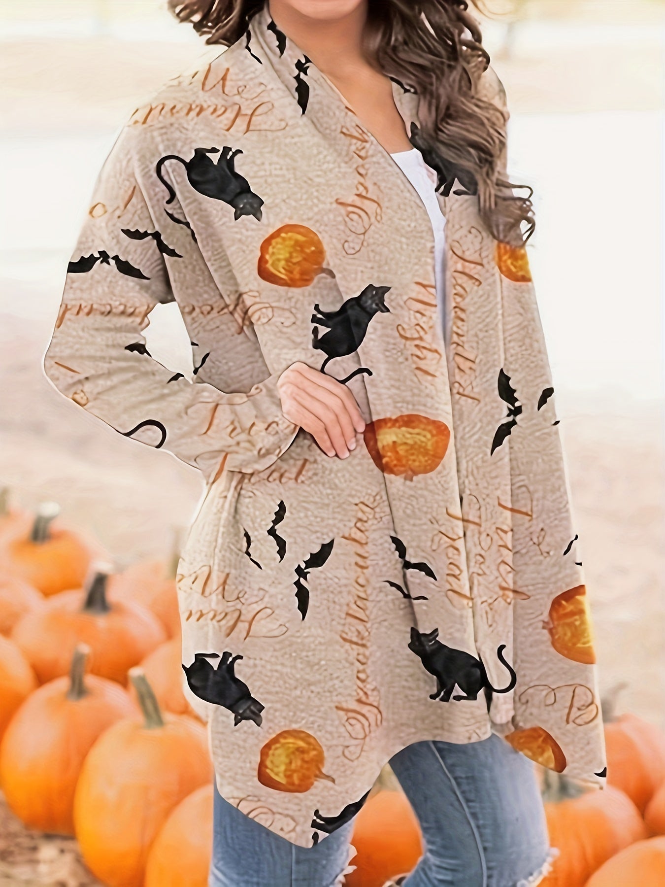 gbolsos Halloween Allover Print Cardigan, Open Front Long Sleeve Cardigan For Spring & Fall, Women's Clothing