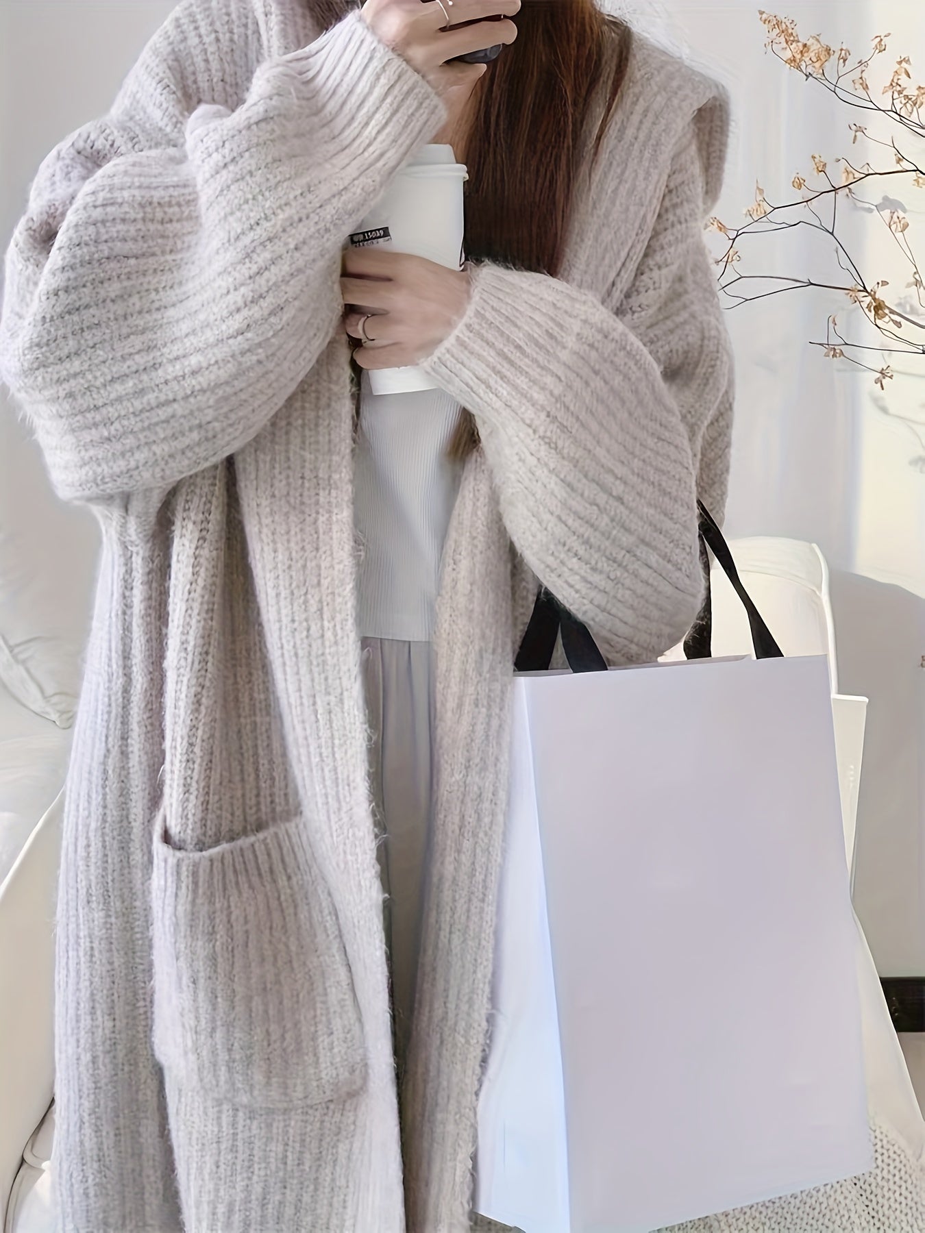 gbolsos Solid Open Front Hooded Cardigan, Versatile Long Sleeve Patched Pockets Cardigan For Fall & Winter, Women's Clothing
