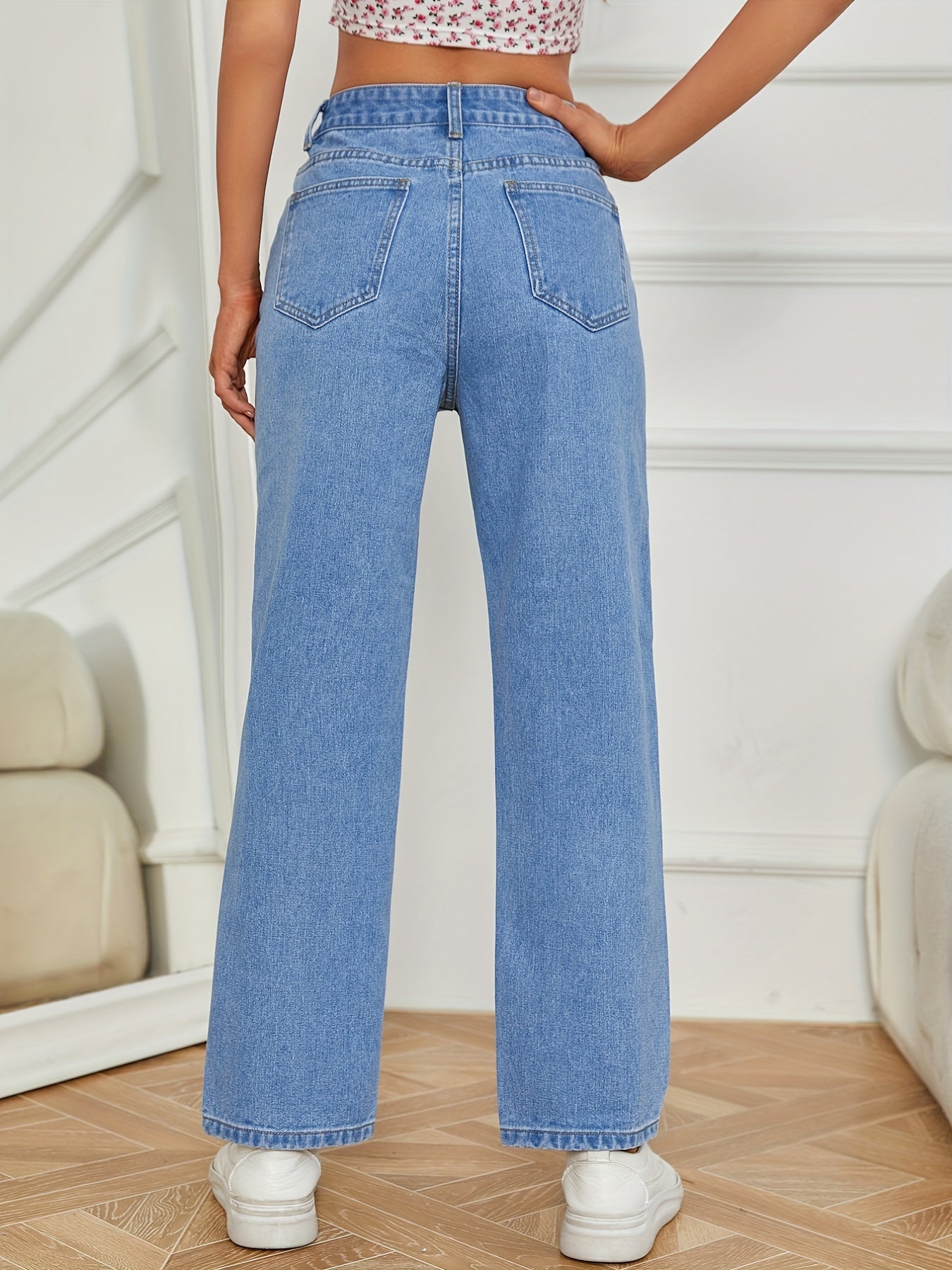 Light Blue Casual Straight Jeans, Non-Stretch Loose Fit Slash Pockets Denim Pants, Women's Denim Jeans & Clothing