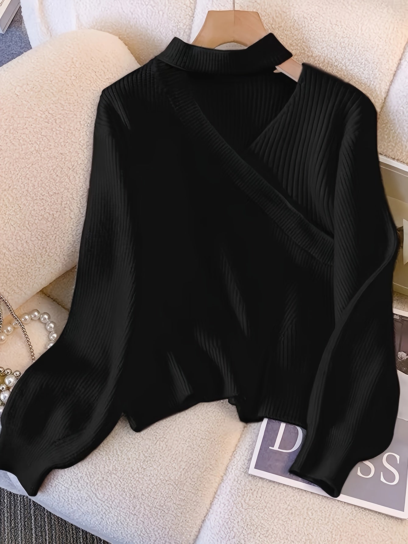 gbolsos Solid Mock Neck Pullover Sweater, Elegant Cut Out Lantern Sleeve Stylish Sweater, Women's Clothing