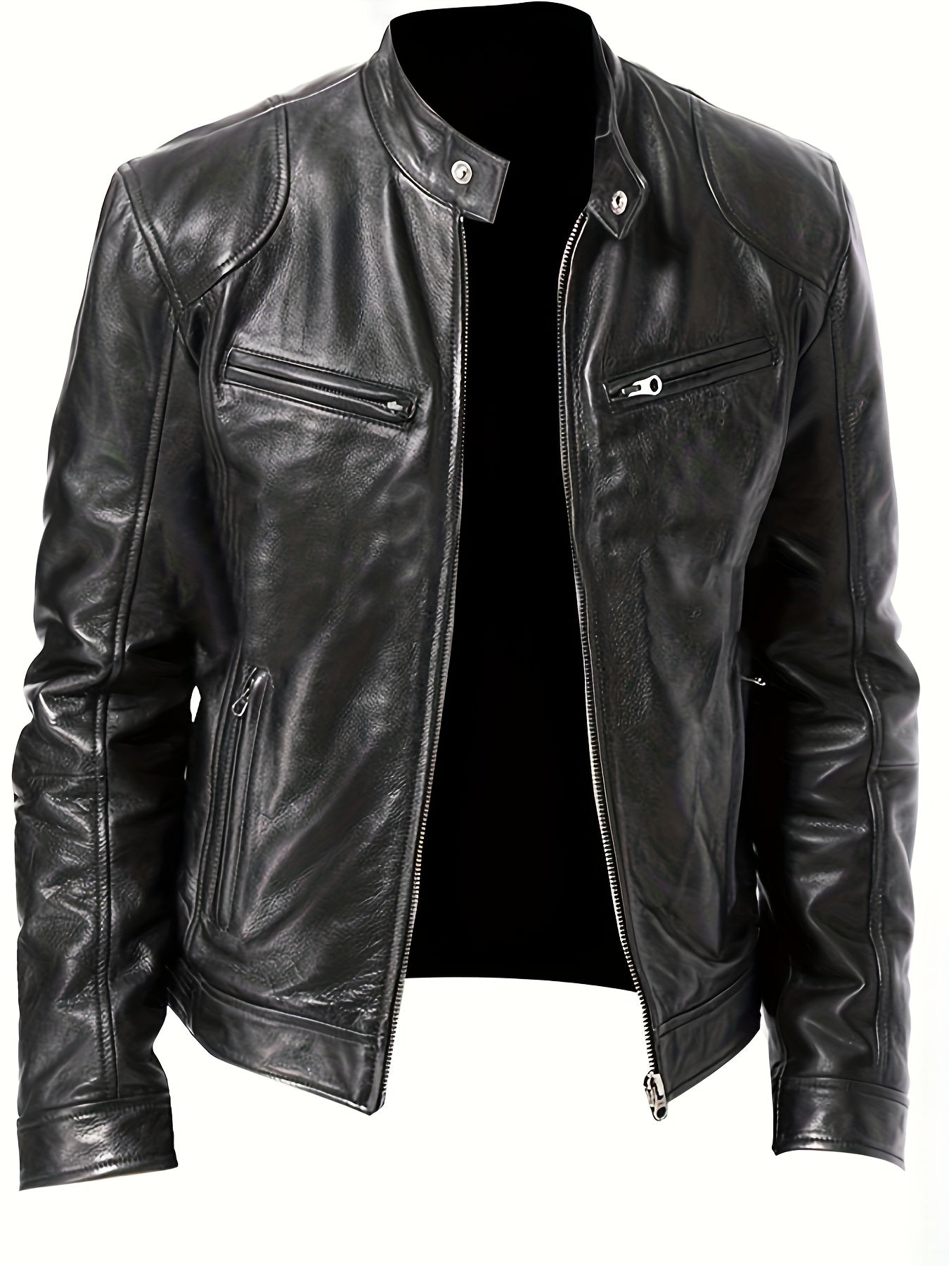 gbolsos Chic PU Jacket, Men's Casual Solid Color Zip Up Stand Collar Faux Leather Jacket For Spring Fall