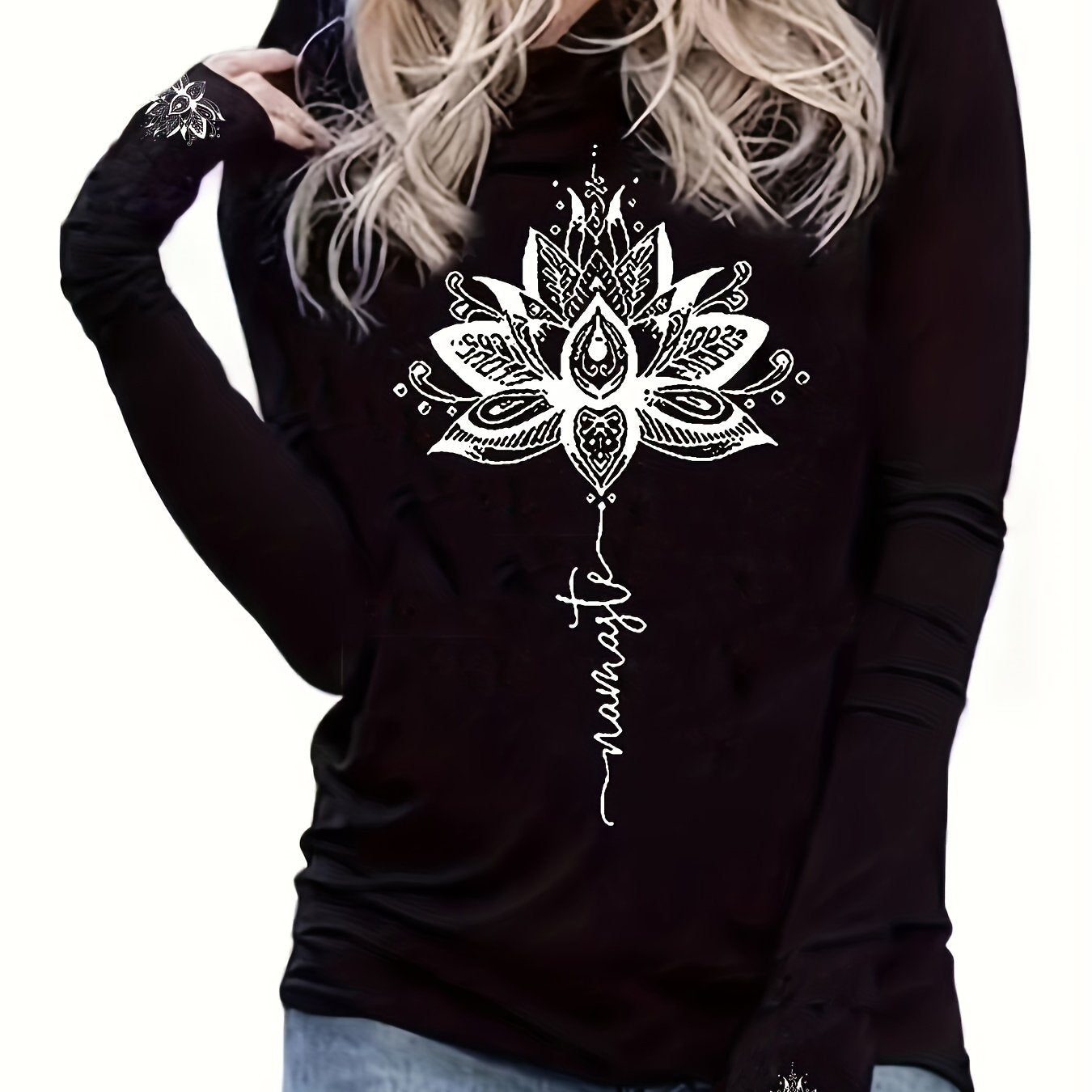 Lotus Print Crew Neck Hooded T-shirt, Casual Long Sleeve T-shirt For Spring & Fall, Women's Clothing