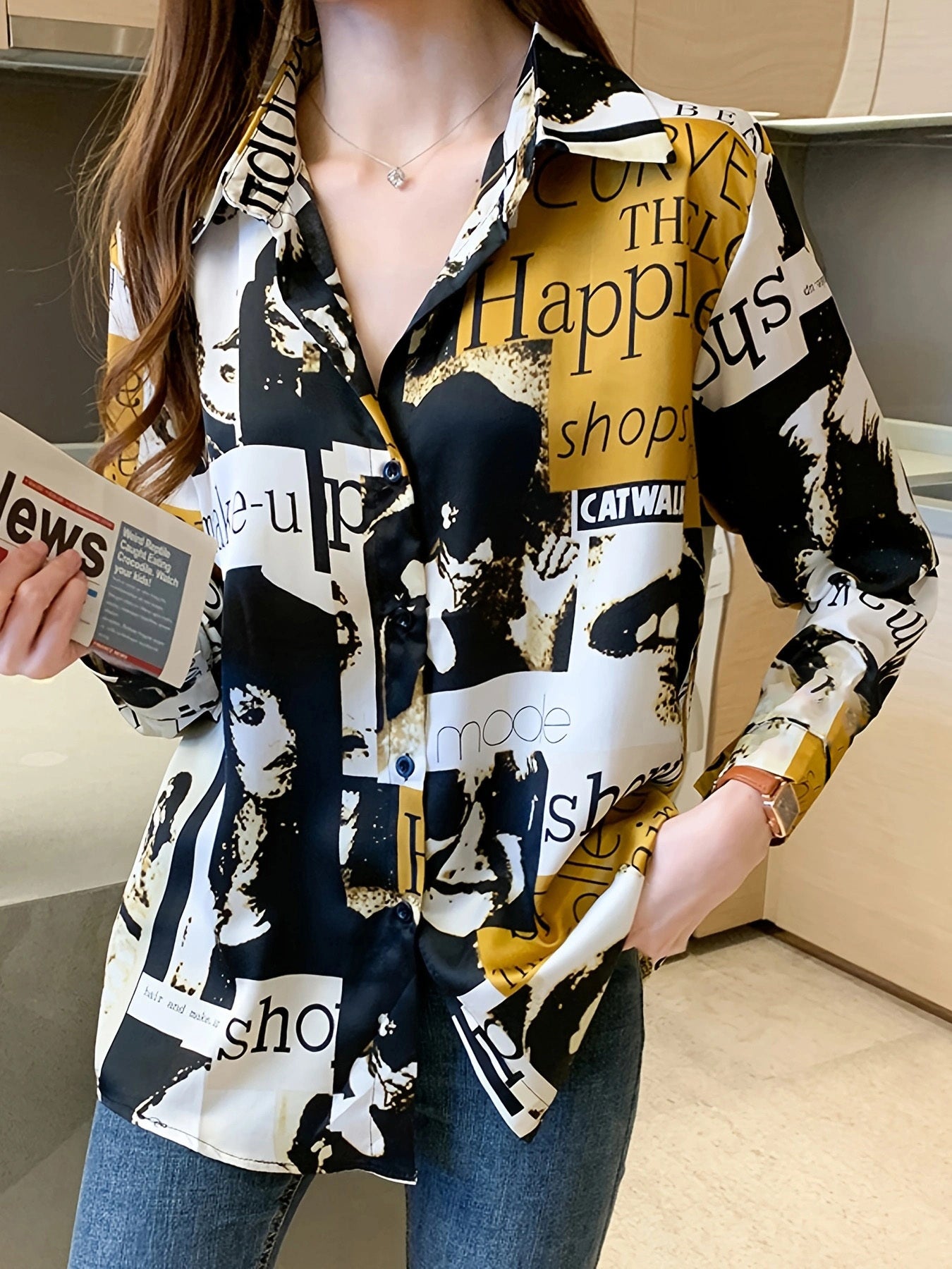 gbolsos Letter & Graphic Print Shirt, Street Wear Button Front Turn Down Collar Long Sleeve Shirt, Women's Clothing