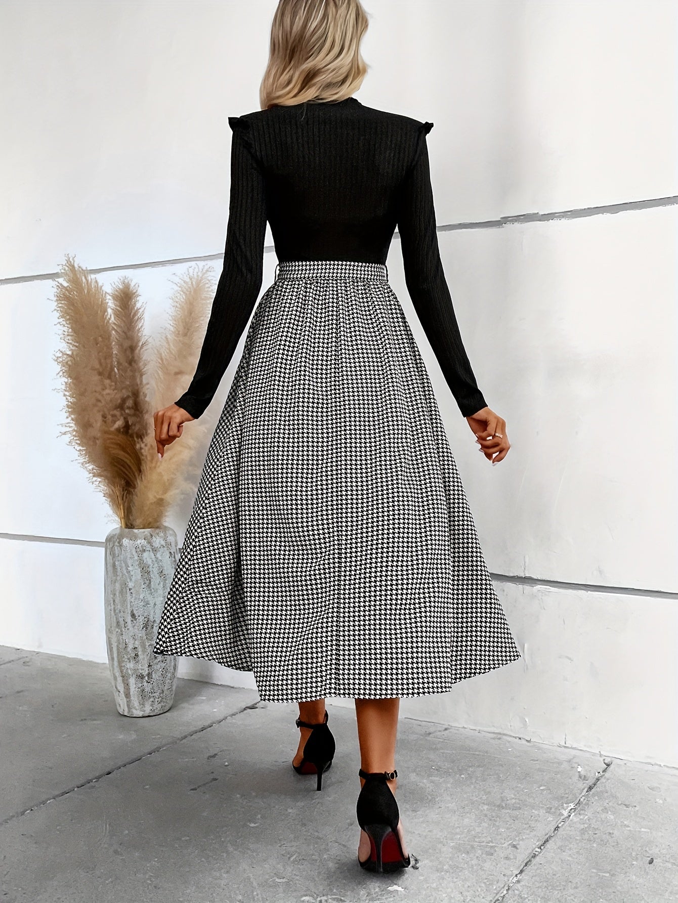 gbolsos Houndstooth Print Splicing Dress, Elegant Mock Neck Long Sleeve Dress, Women's Clothing
