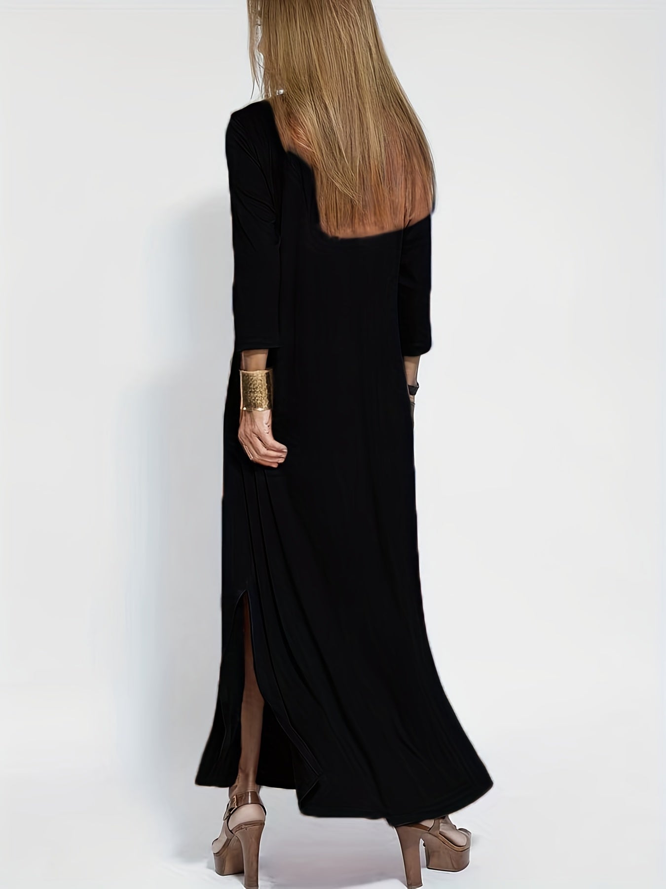 gbolsos Plus Size Casual Dress, Women's Plus Solid Long Sleeve V Neck Split Hem Maxi Dress