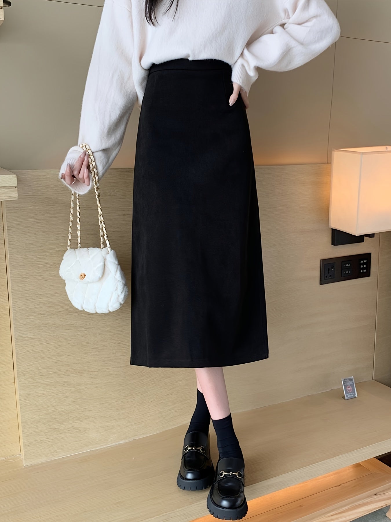 Solid High Waist Split Back Skirt, Vintage A Line Midi Skirt For Spring & Fall, Women's Clothing