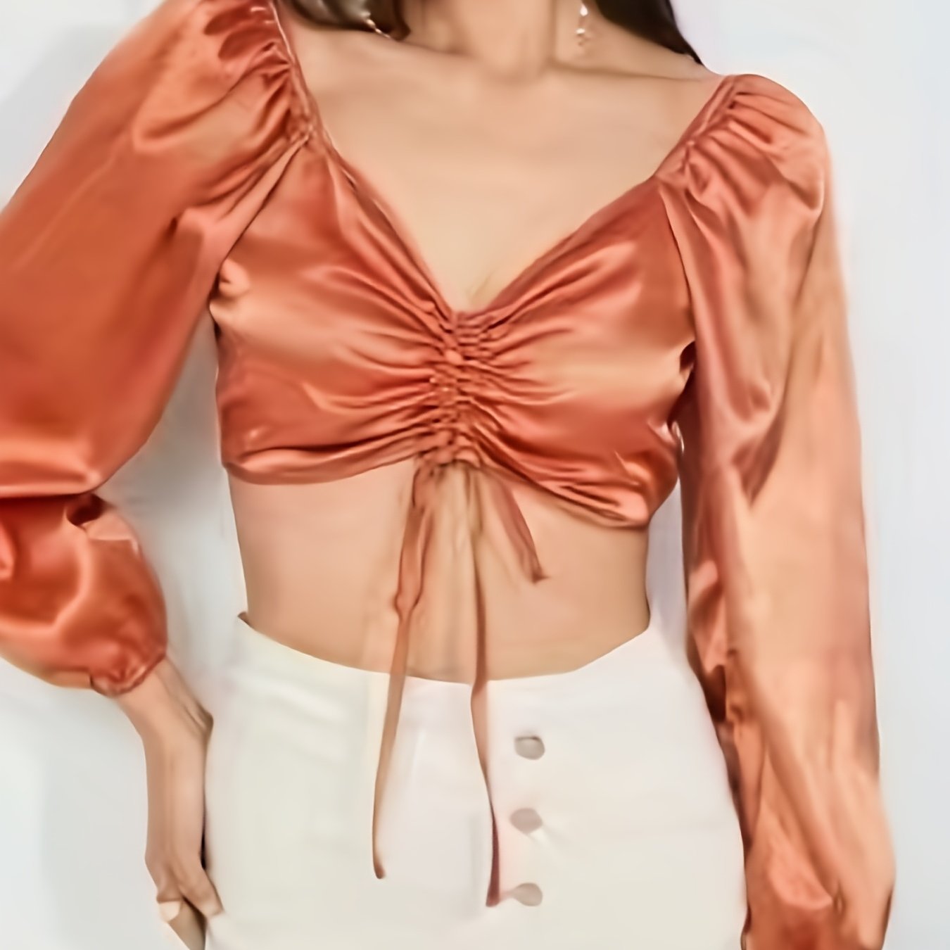 gbolsos Cropped Satin Blouse, Sexy Drawstring Long Sleeve Blouse, Women's Clothing