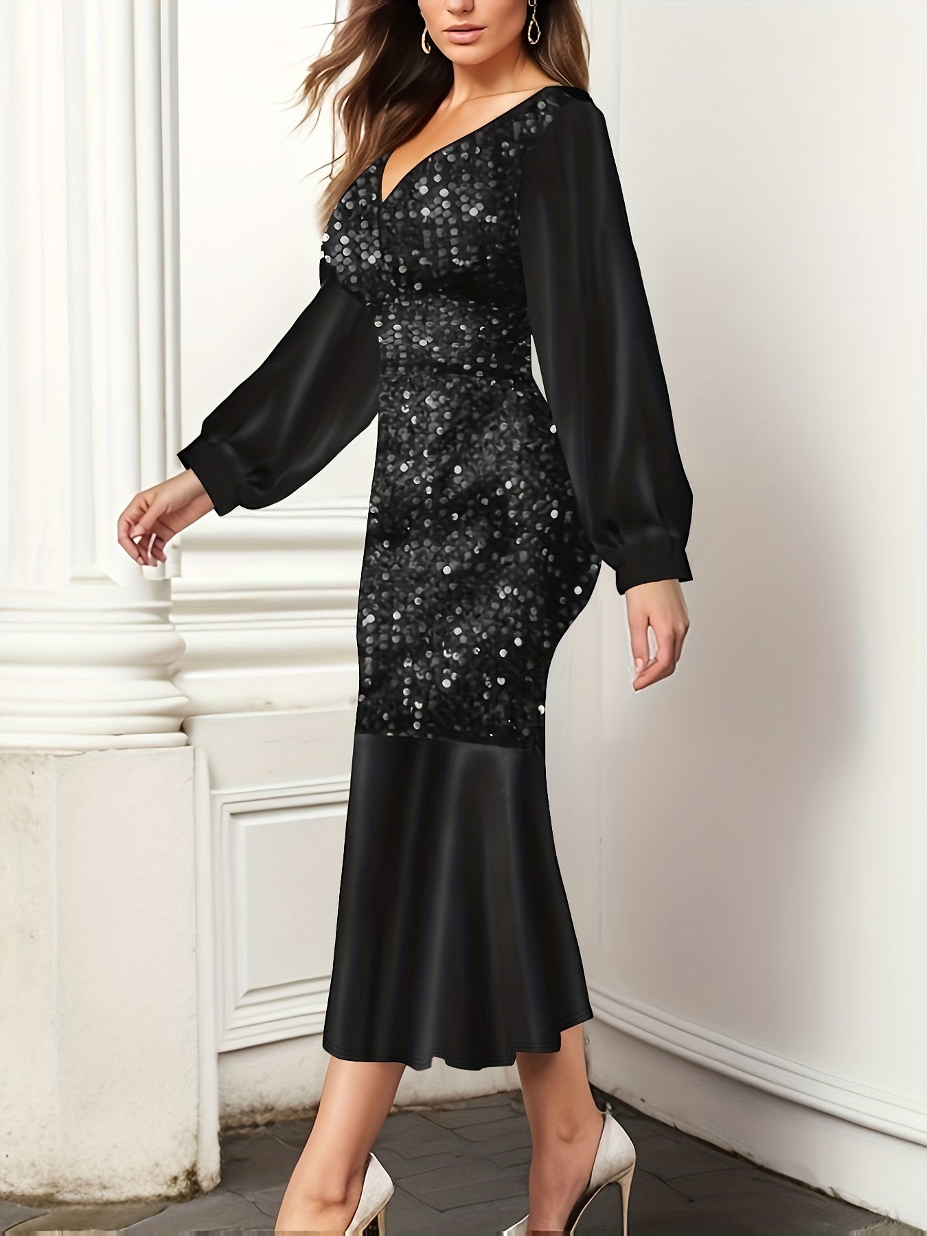gbolsos Sequined Mermaid Hem Dress, Elegant Long Sleeve V Neck Dress For Party & Banquet, Women's Clothing
