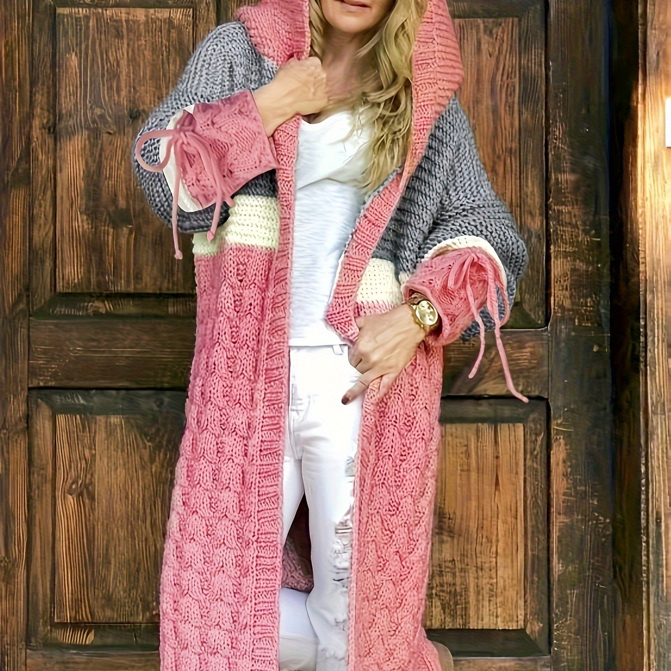 gbolsos Color Block Open Front Sweater Cardigan, Casual Long Sleeve Hooded Knitted Cardigan, Women's Clothing