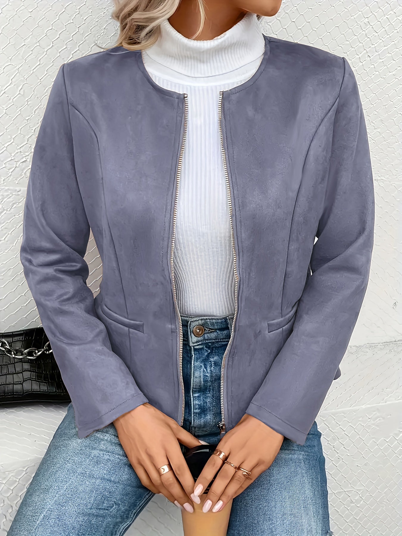 Plus Size Casual Coat, Women's Plus Solid Zip Up Long Sleeve Round Neck Jacket With Pockets