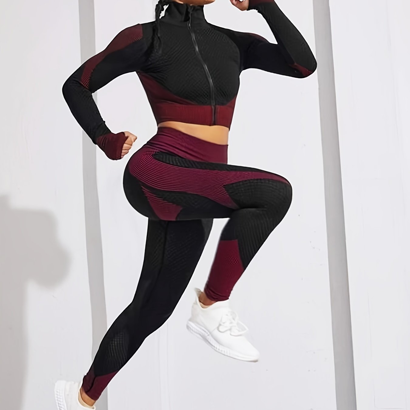 gbolsos 2pcs Seamless Knitting Suits, Full Zipper Long Sleeve Thumb Hole Cropped Top & Slimming High Waist Leggings Set, Women's Activewear