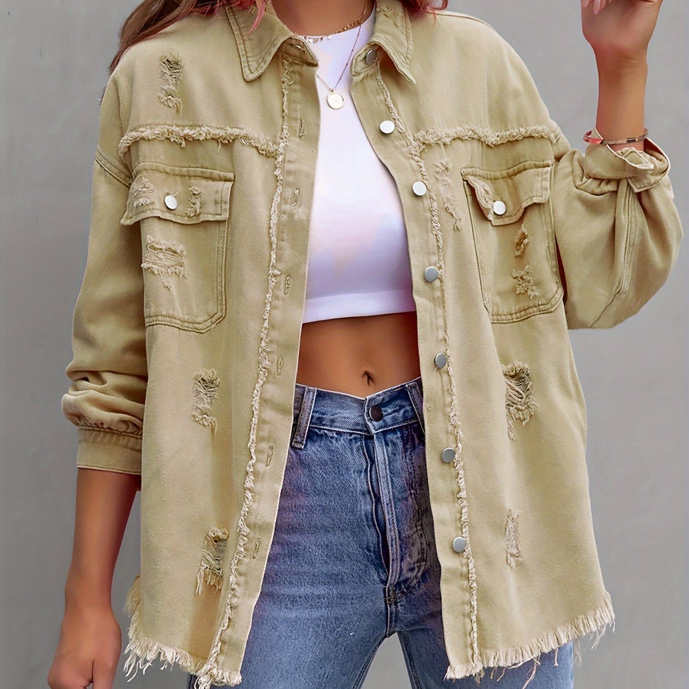 gbolsos Raw Hem Ripped Distressed Denim Jacket, Flap Pockets Long Sleeves Street Style Single-Breasted Denim Coat, Women's Denim Jeans & Clothing
