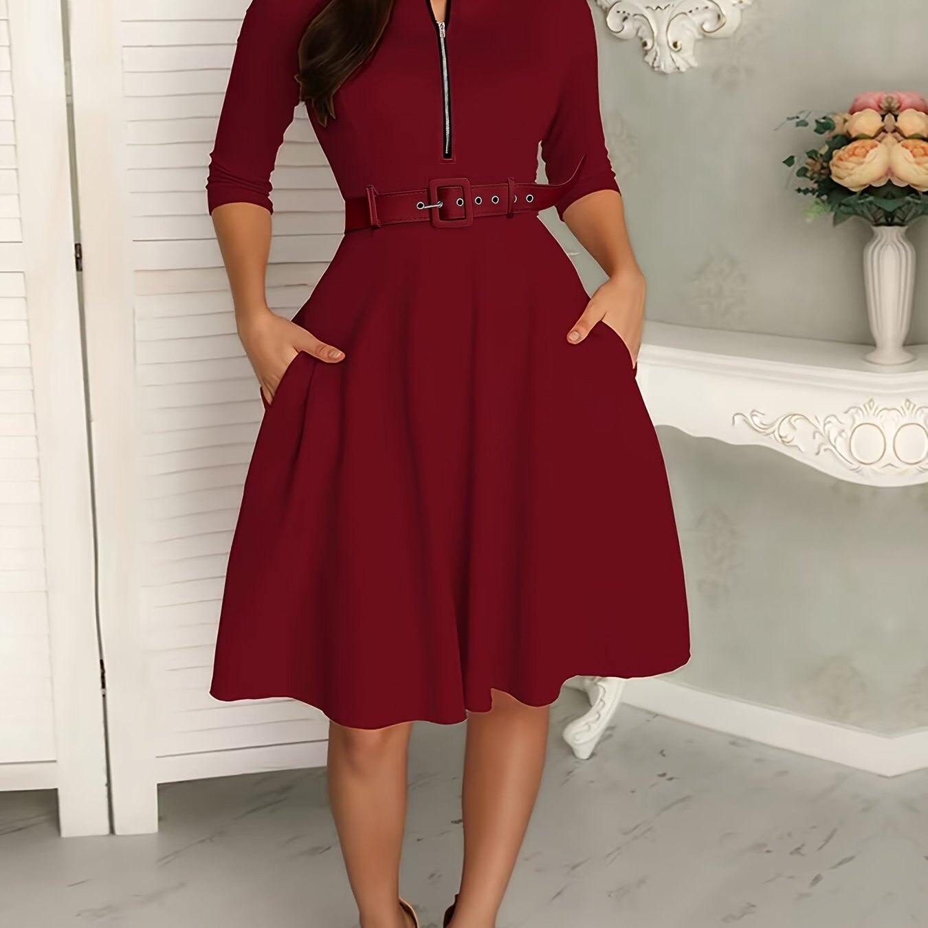 Women's Dresses Solid Crew Neck Zipper Dresses