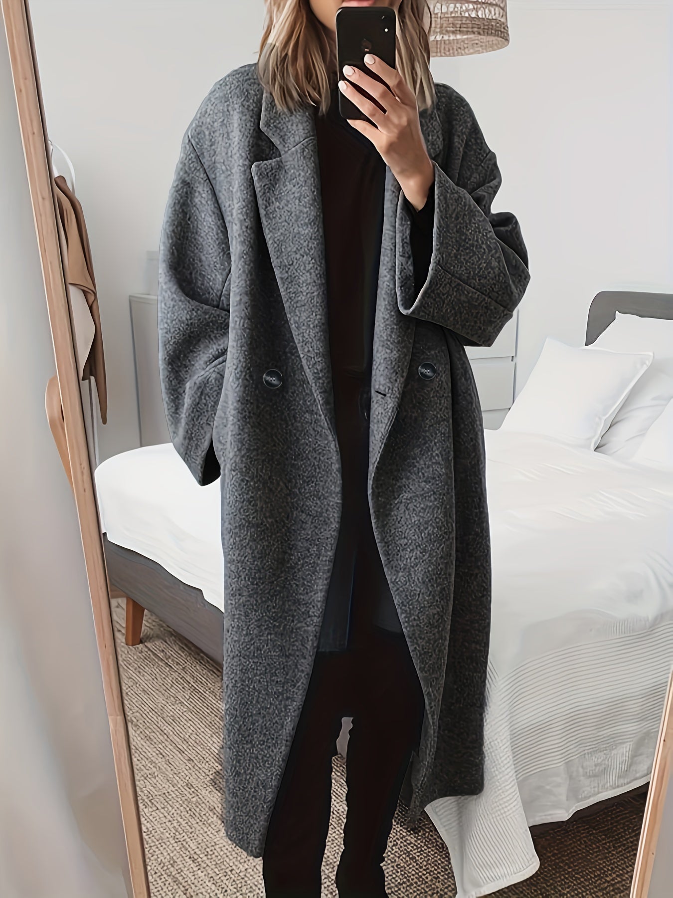Plus Size Casual Coat, Women's Plus Solid Long Sleeve Double Breast Button Lapel Lapel Collar Longline Woolen Coat With Pockets