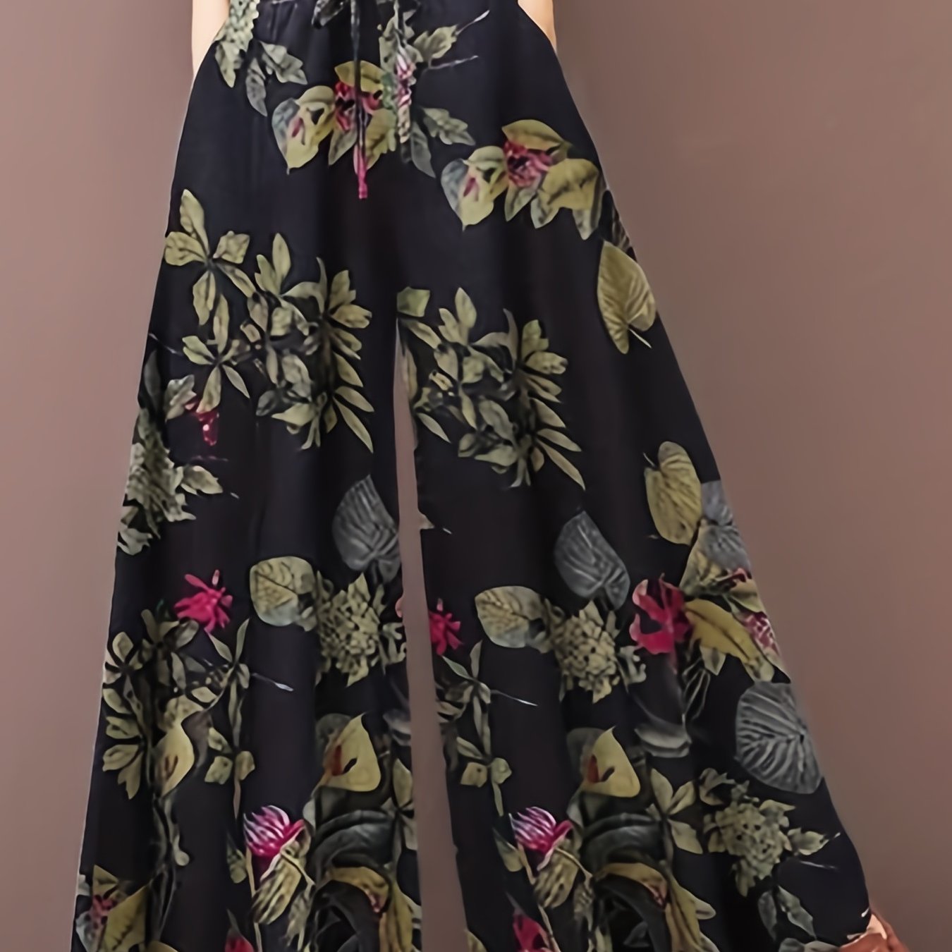 Plus Size Casual Pants, Women's Plus Floral Print Wide Leg Loose Drawstring Pants With Pockets