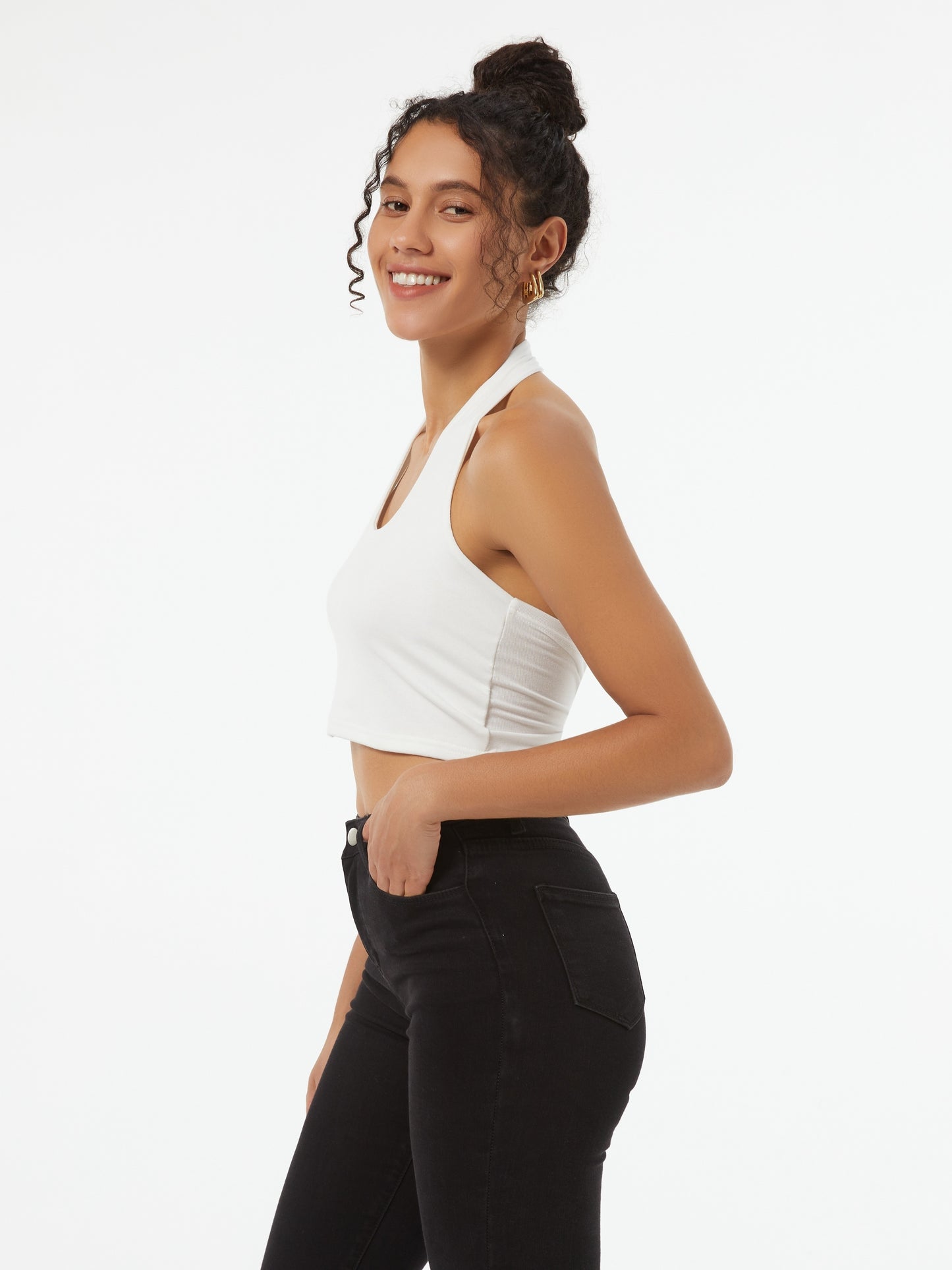 Solid Halter Neck Crop Top, Sexy Backless Halter Top For Summer, Women's Clothing