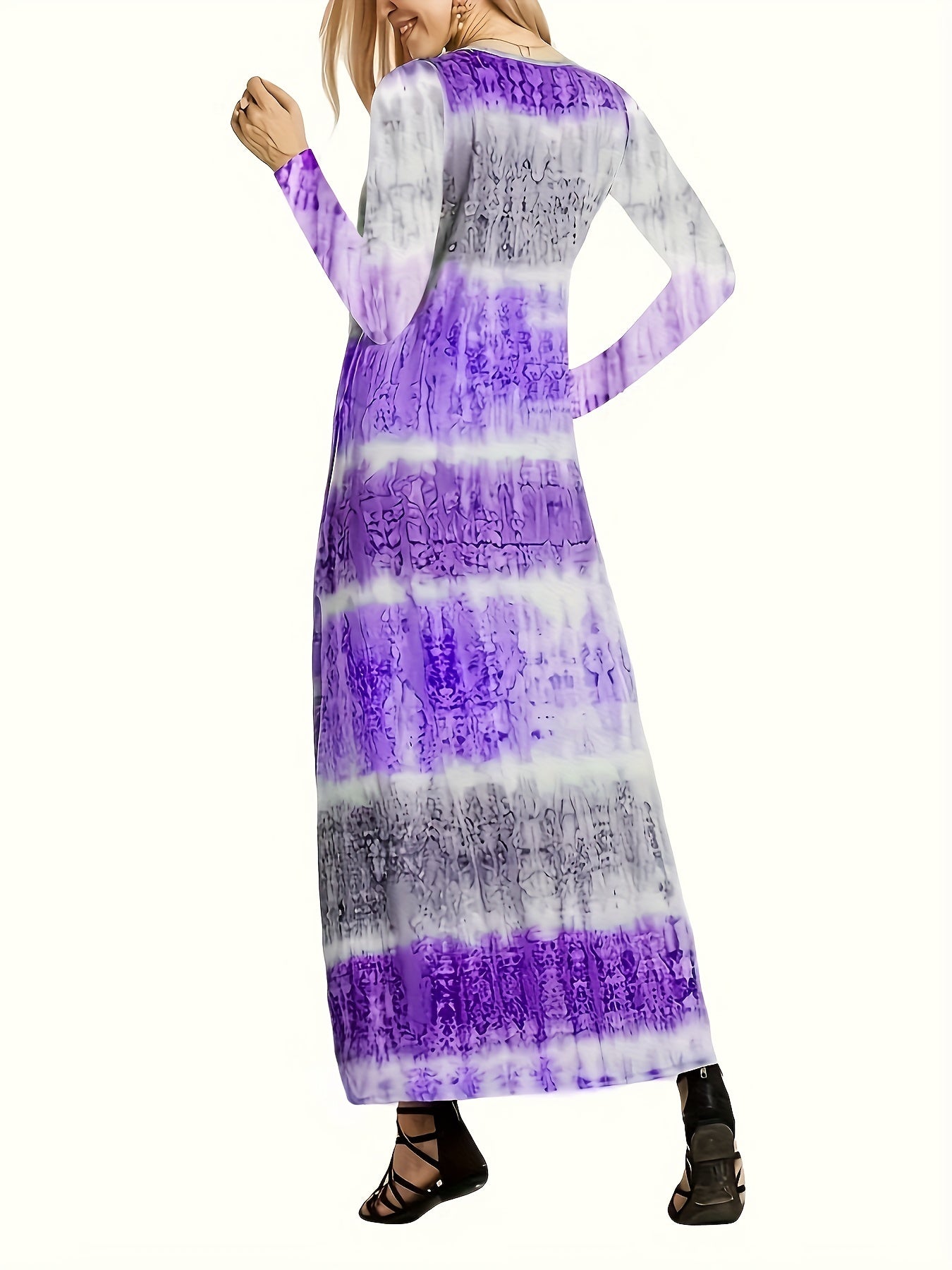 solvbao Plus Size Casual Dress, Women's Plus Tie Dye Long Sleeve V Neck Split Hem Maxi Dress With Pockets